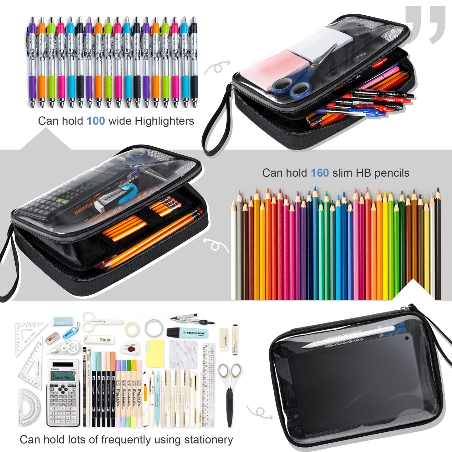 Zannaki Large Pencil Case, Clear Pencil Bag with Big Compartments, Transparent Pen Bag Wide Opening, Pencil Pouch Organizer with Sturdy Zipper, Aesthetic School Supplies for Teen Girls Boys