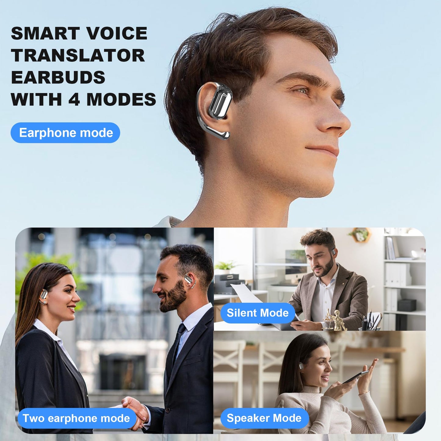 Real-Time AI Translation Earbuds, Open-Ear Audifonos Traductores Inglés Español Two-Way Translator Headphones, Bluetooth Wireless Earhooks for Business, Travel, Learning, Meetings (Oatmeal Beige)