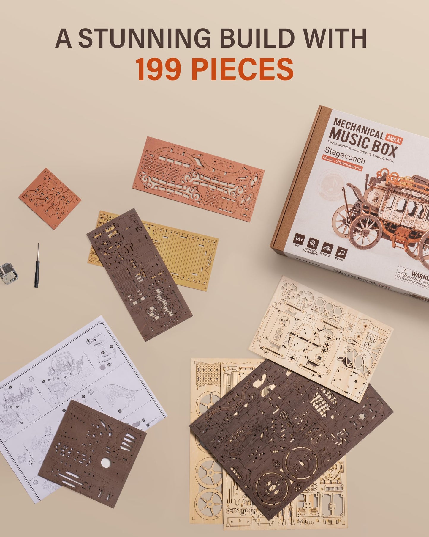 ROBOTIME Stagecoach Wooden Music Box Puzzle AMKA1, Valentines Day Gift 3D Wooden Puzzles for Adults, Mechanical 3D Model to Build, Birthday Anniversary Day Gift Hobby STEM Kits