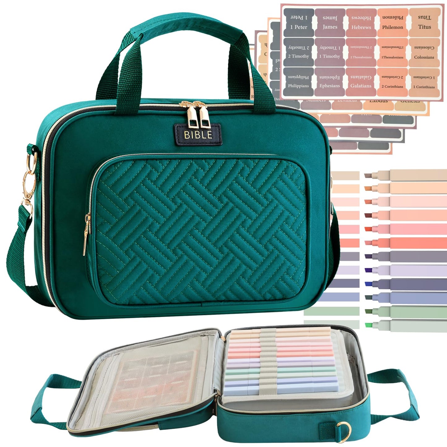 Bible Cover for Women Bible Case, Large Bible Bag, Bible Study Supplies Bible Journaling Kit Book Carrying Case with Bible Highlighters Tabs, Valentines Day Christian Gifts for Women (Green)
