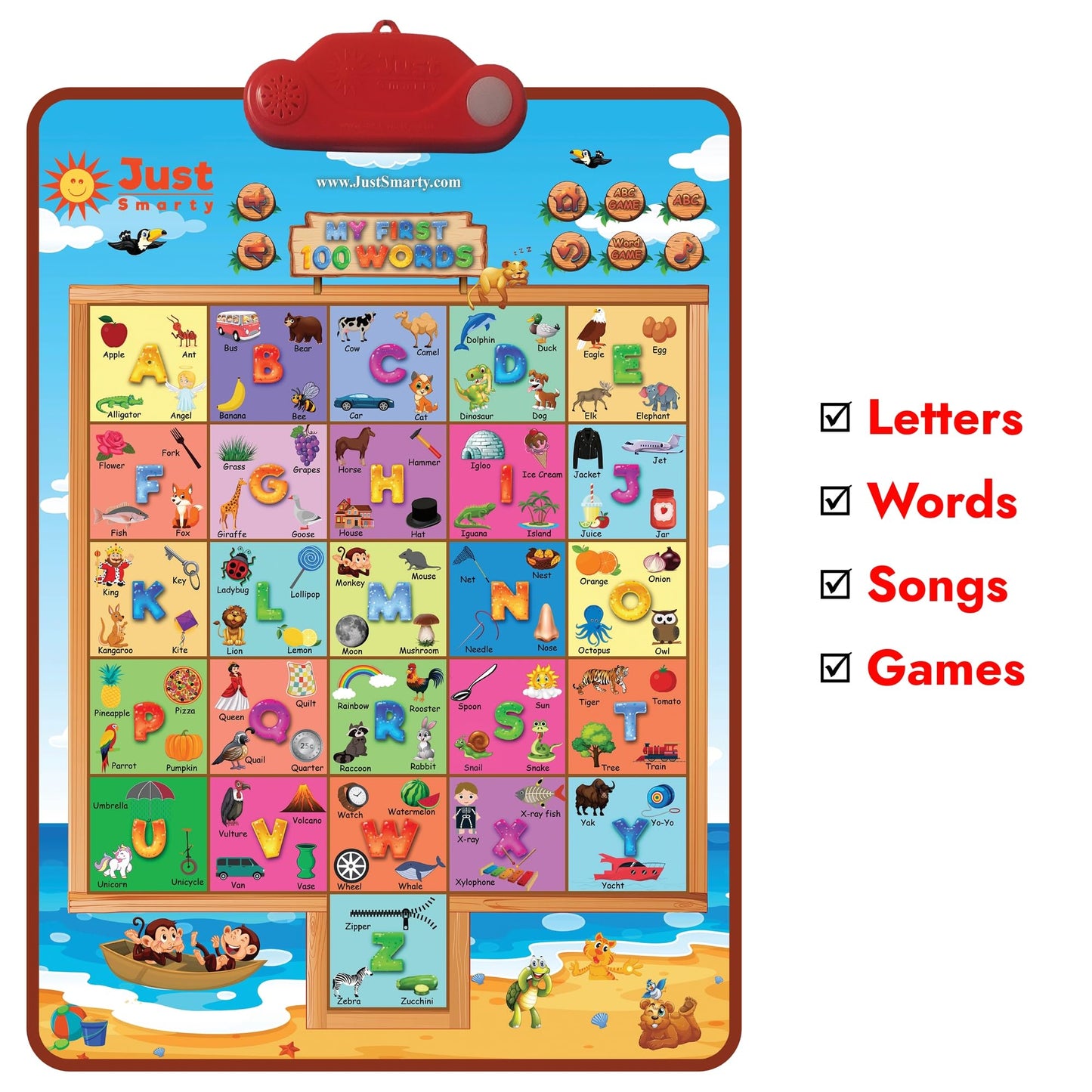 Just Smarty Interactive First 100 Words Learning Toys for 2 Year Olds | Educational First Words Alphabet Poster for Children | Learning Words for Toddlers ABC Chart | Alphabet Learning Toys for Kids