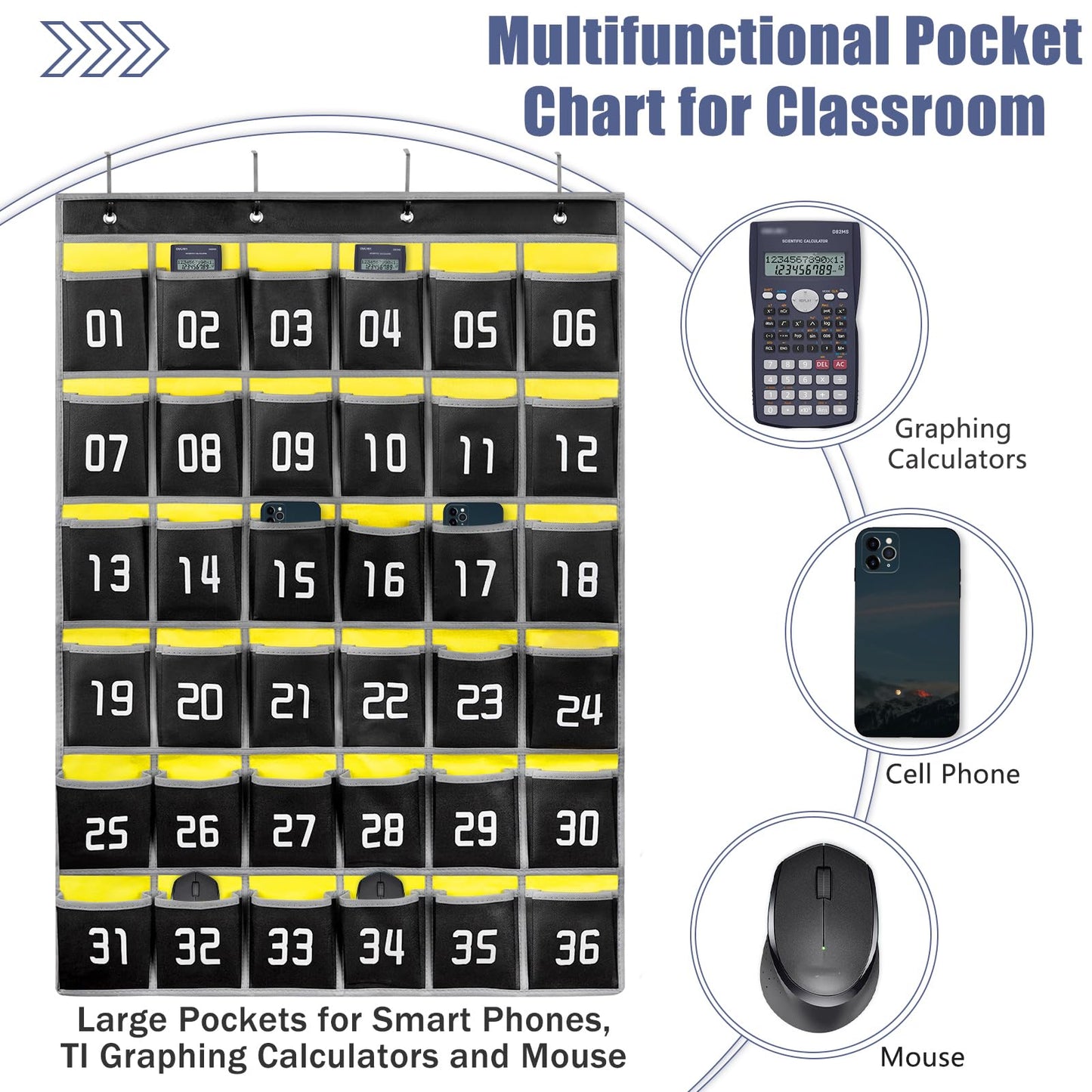 Loghot Classroom Accessories Closet Pocket Chart for Cell Phones Holder Wall Door Hanging Organizer (36 Pockets Black)