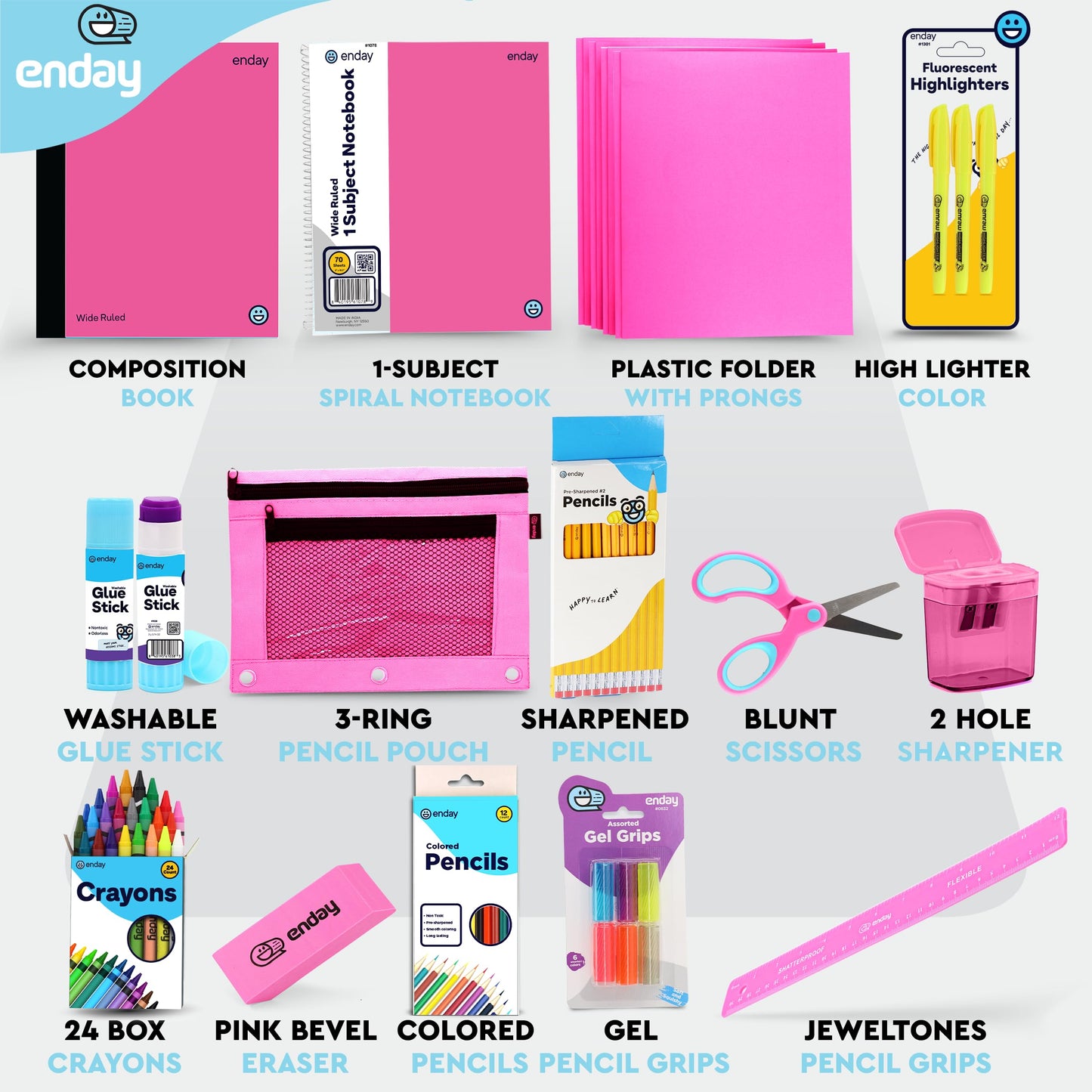 Enday Back to School Supplies for Kids, Pink School Supply Box Grades K-5, Premium Quality Kids School Supplies Kit, Kindergarten School Supplies for Girls and Boys, 71 Piece Set