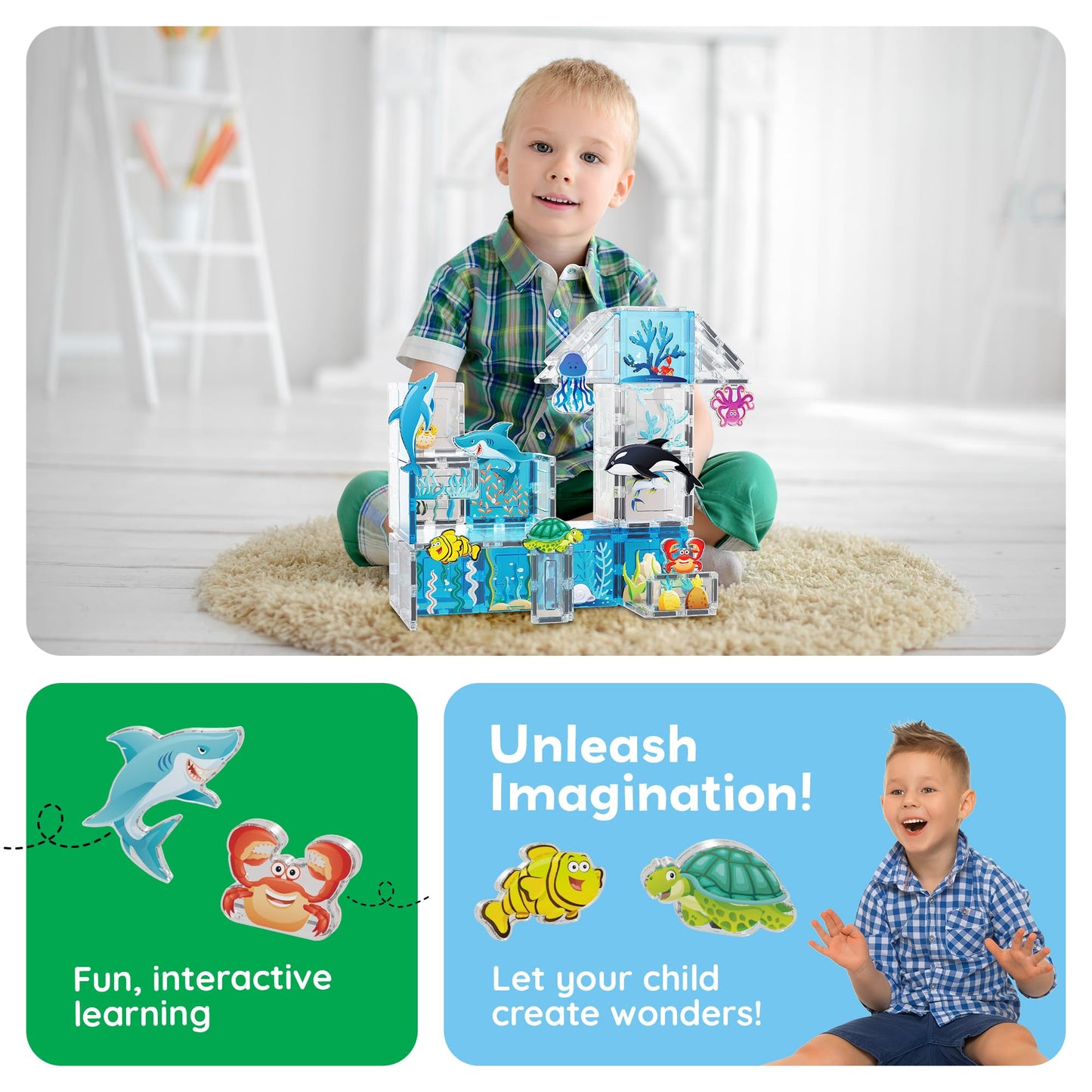 PicassoTiles Magnet Tiles Magnetic Building Blocks Aquarium Marine Animal Theme Set with 8 Character Action Figures Shark Crab Turtle STEM Toys Construction Preschool Toddlers Kids Boys Girls 3+ PTQ15