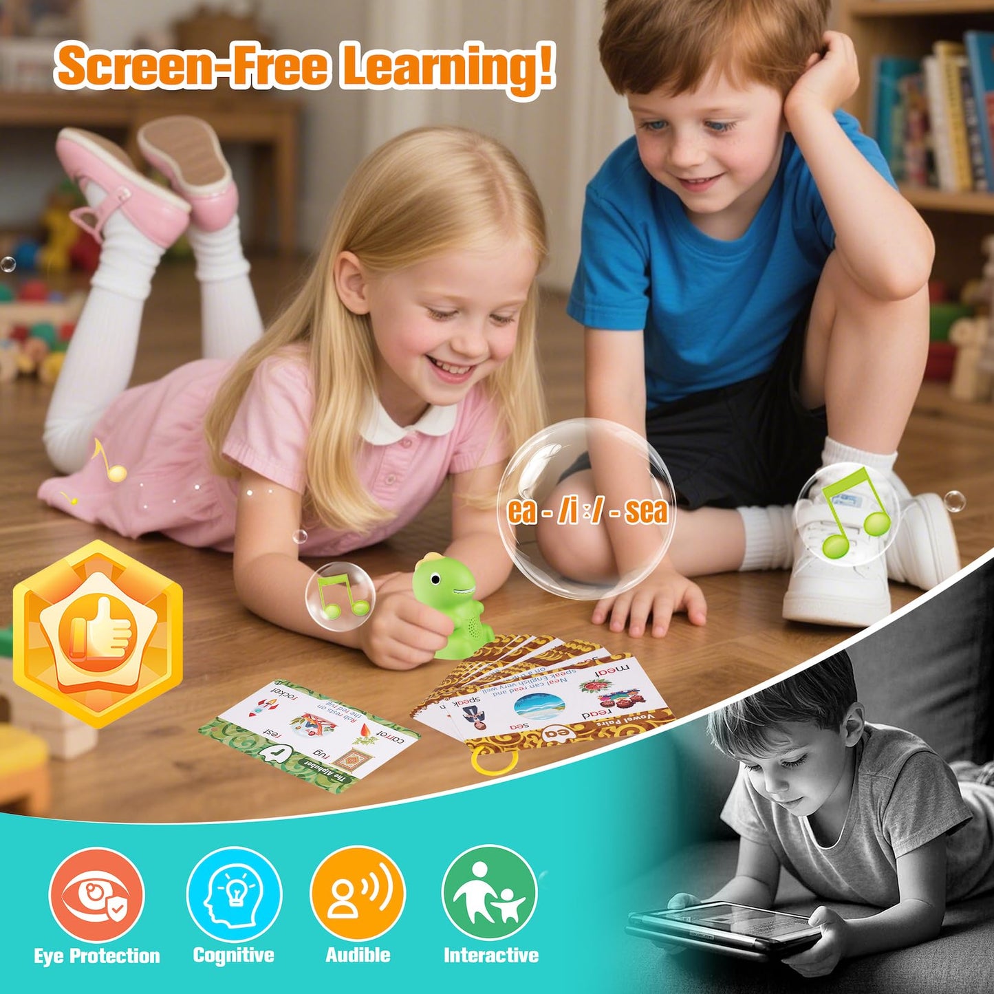 Phonics Flash Cards with Talking Pen for Homeschool Essentials -Hooked on Phonics Games for Kids Ages 4-8 Kindergarten Preschool Learning Activities, Interactive Dinosaur Learn to Read from 21 Stages