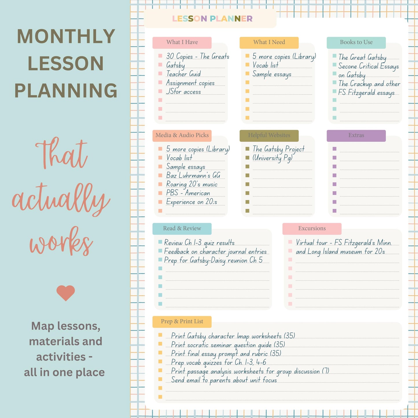 Undated Teacher Planner 8.5 x 11-12 Months & 52 Weeks | Colorful Bookstore Cover | Monthly & Weekly Lesson Plan Book with Stickers, Storage Pocket & Snap-In Bookmark | Classroom Organizer