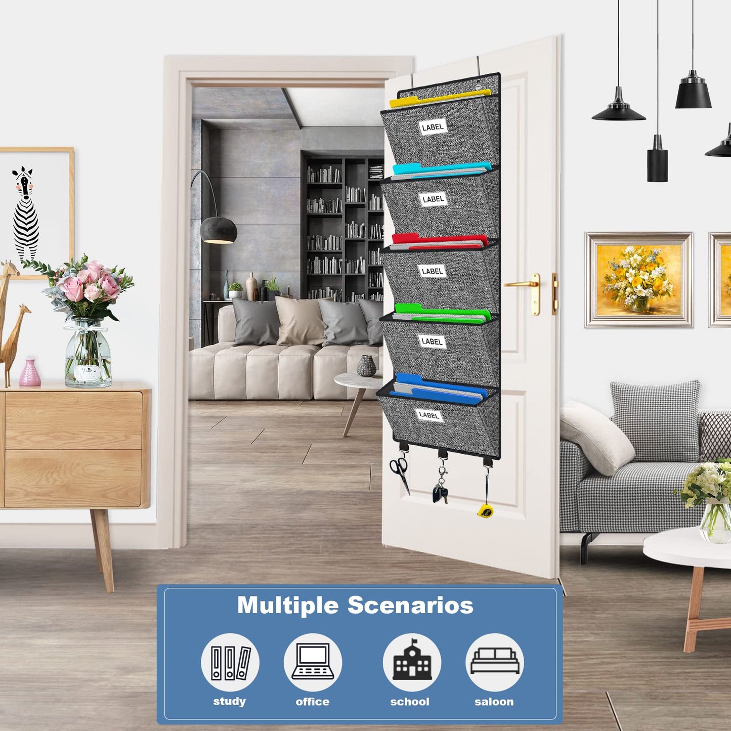 Homyfort Over the Door File Organizer, Hanging Wall File Folders with 5 Large Pockets for Papers, Charts, Mails, Magazine, Office and Back To Supplies Storage and Organization (Black)