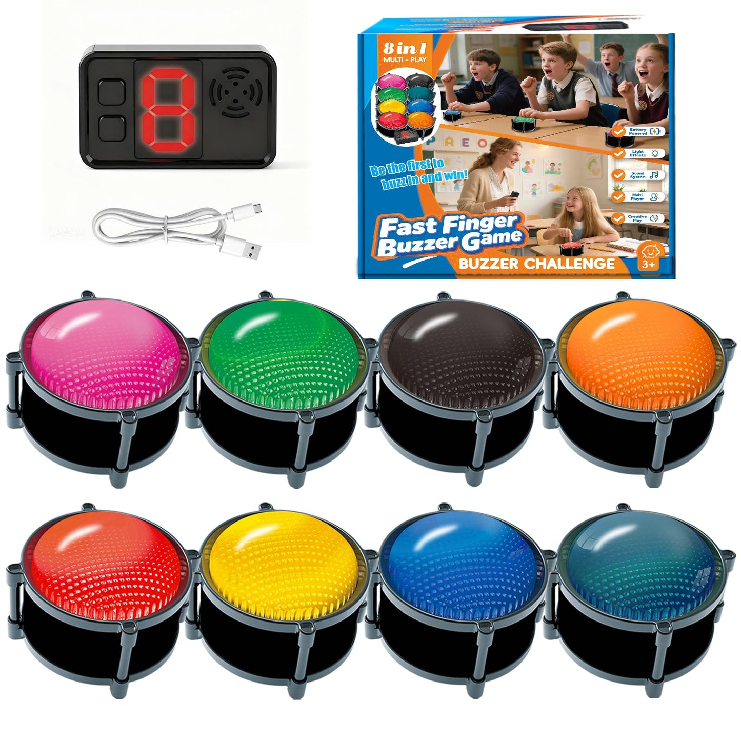 Set of 8 Buzzer for Game Show, Educational and Classroom Quiz, Family Games Night, Jeopardy Trivia, Show Who Buzzed First, 4 Modes, 50m(164Ft)-Buzzer System for Game Show, School