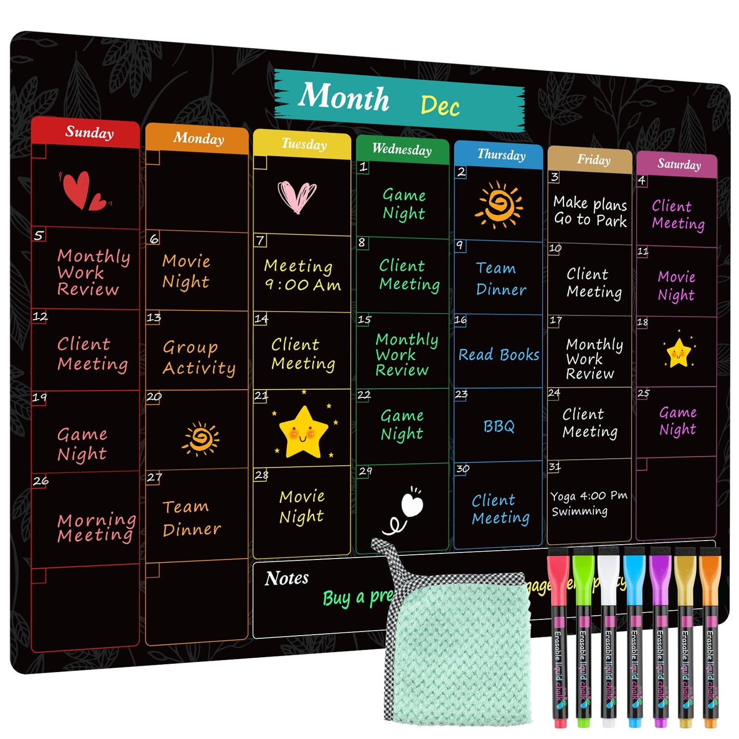 MaxGear Monthly Black Magnetic Calendar for Refrigerator, 16" X 12" Fridge Chalkboard, Magnetic Dry Erase Calendar White Board Planning Board for Fridge with 7 Fine Point Markers,1 Cloth