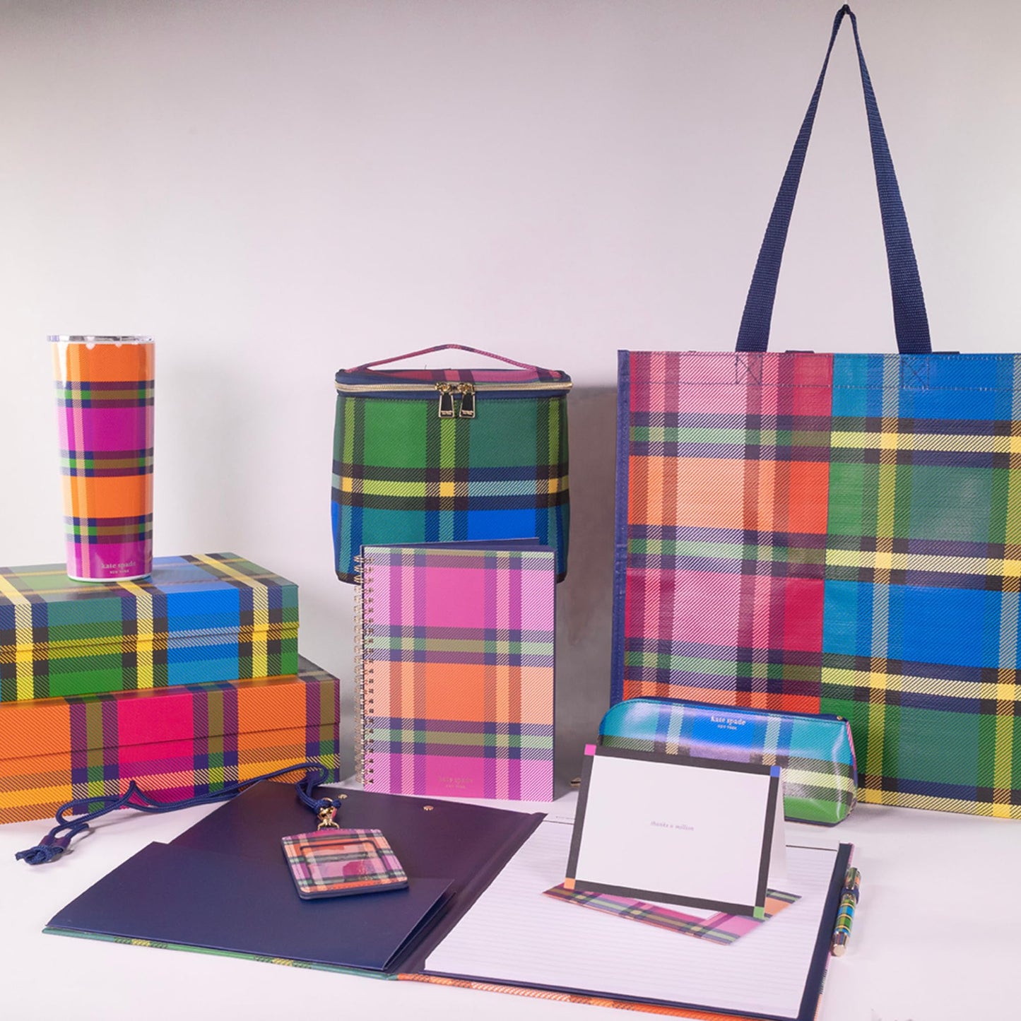 kate spade new york Pen and Pencil Case with Office Supplies, Zip Pouch Includes 2 Pencils, Sharpener, Eraser, and Ruler, Grand Plaid Duo