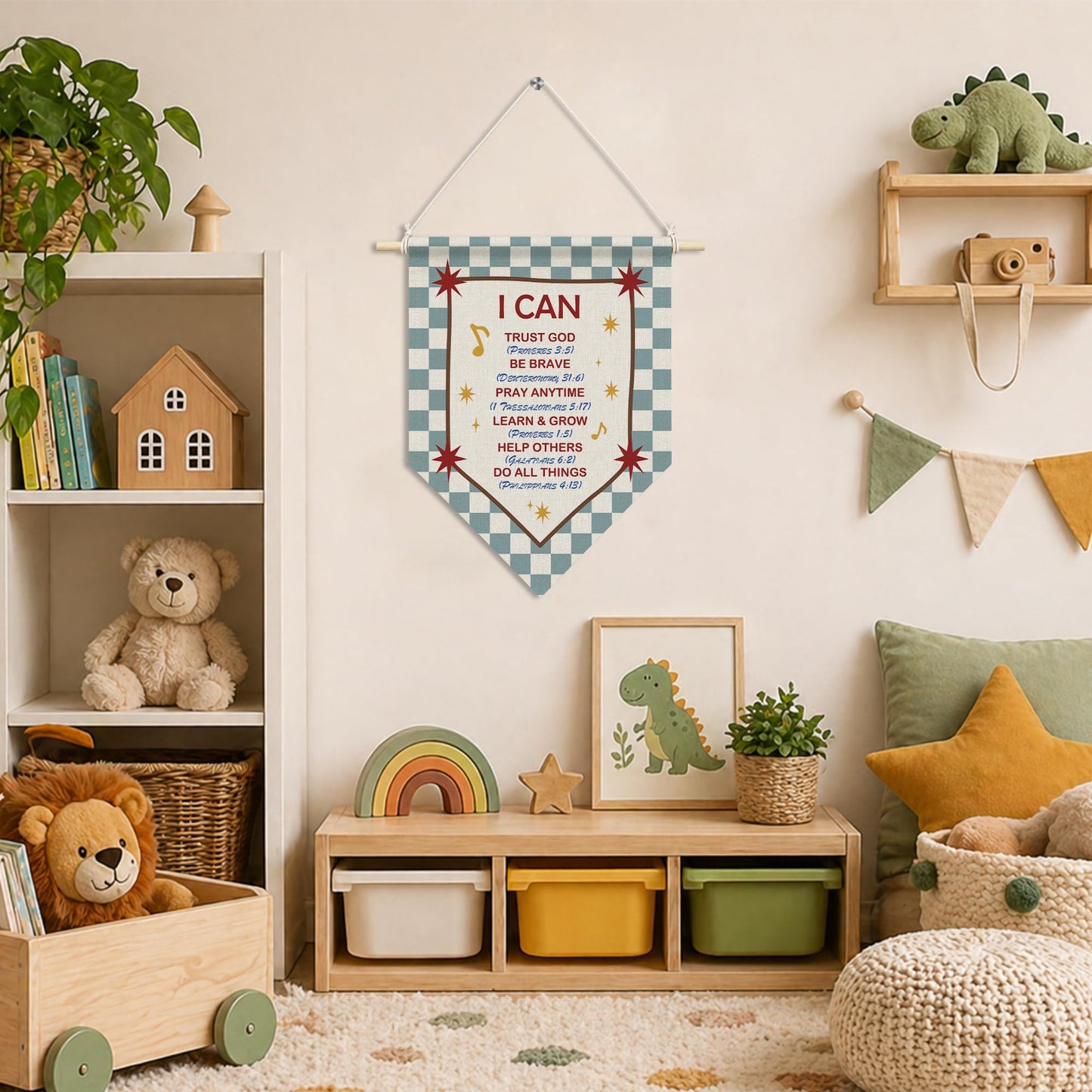 RUKUPA Christian Nursery Inspirational Wall Art Decor, Bible Verse Hanging Pennant Flag, Blue Checkered Religious Motivational Wall Art Poster Hanger for Home Bedroom Kids Room Decor, 11x15 Inch