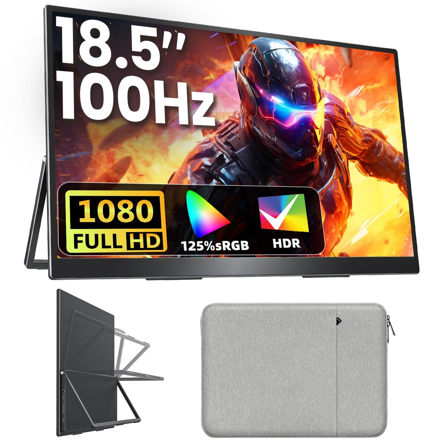Upperizon Portable Monitor 18.5 inch FHD 125% sRGB 100Hz IPS HDR HDMI USB-C Travel Monitor for Laptop MacBook PC Surface PS5 Xbox, Large External Display with Kickstand & Speakers, VESA Compatible