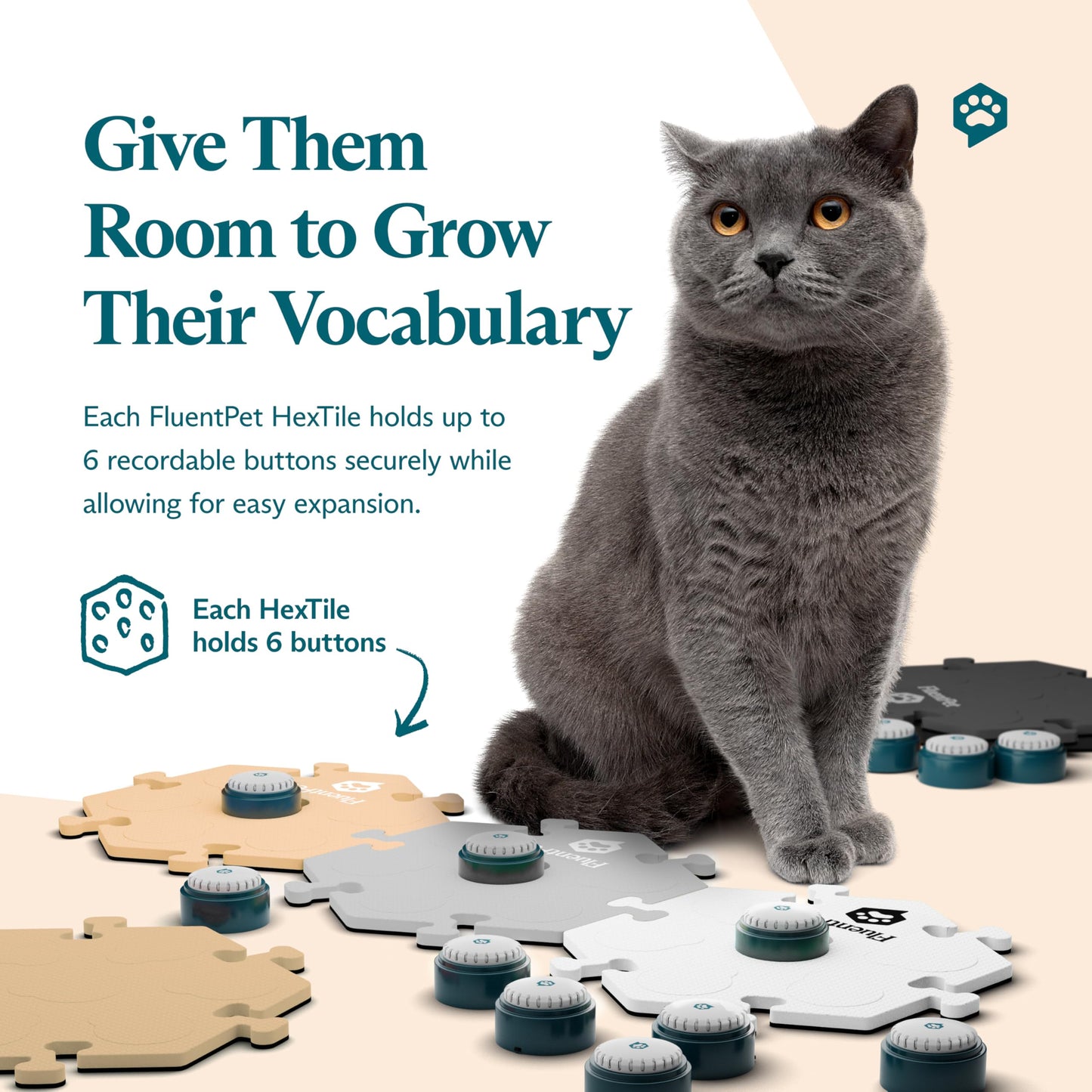 FluentPet Speak Up Key Vocab Kit with Clearer Upward-Facing Sound - 12 Recordable Buttons for Dogs & 6 Neutral HexTiles | Dog & Cat Communication Buttons Set | with Batteries