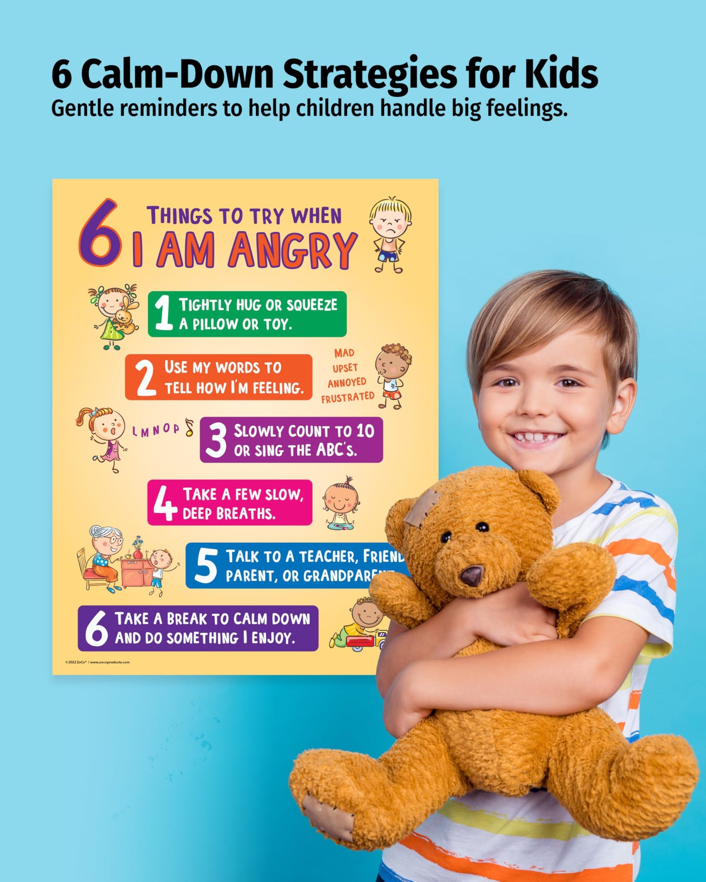 ZOCO – 6 Anger Control Strategies Posters (2-Pack) – Calm Down and Manage Emotions for Toddlers – Classroom Behavior Management for Preschool, Daycare, and Homeschool – Made in USA