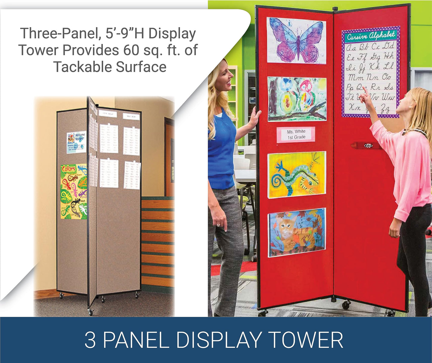 Screenflex Display Towers, Portable Wall Divider Boards for Art Show Partitions, Classroom Panels and Offices - 5'9”H x 3'1”W - 3 Panels - Charcoal Black Fabric