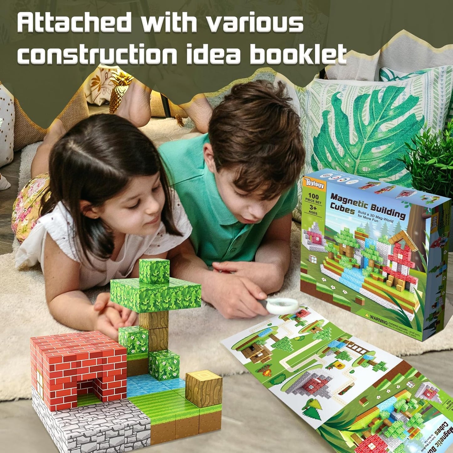 100PCS Large Magnetic Blocks 1 inch Magnets Building Craft, STEM Sensory Toys for Boys Girls 3+, STEM Educational Construction Toys for Kids 3-5 5-7 6-8, Classroom Learning Building Mine Magnet World