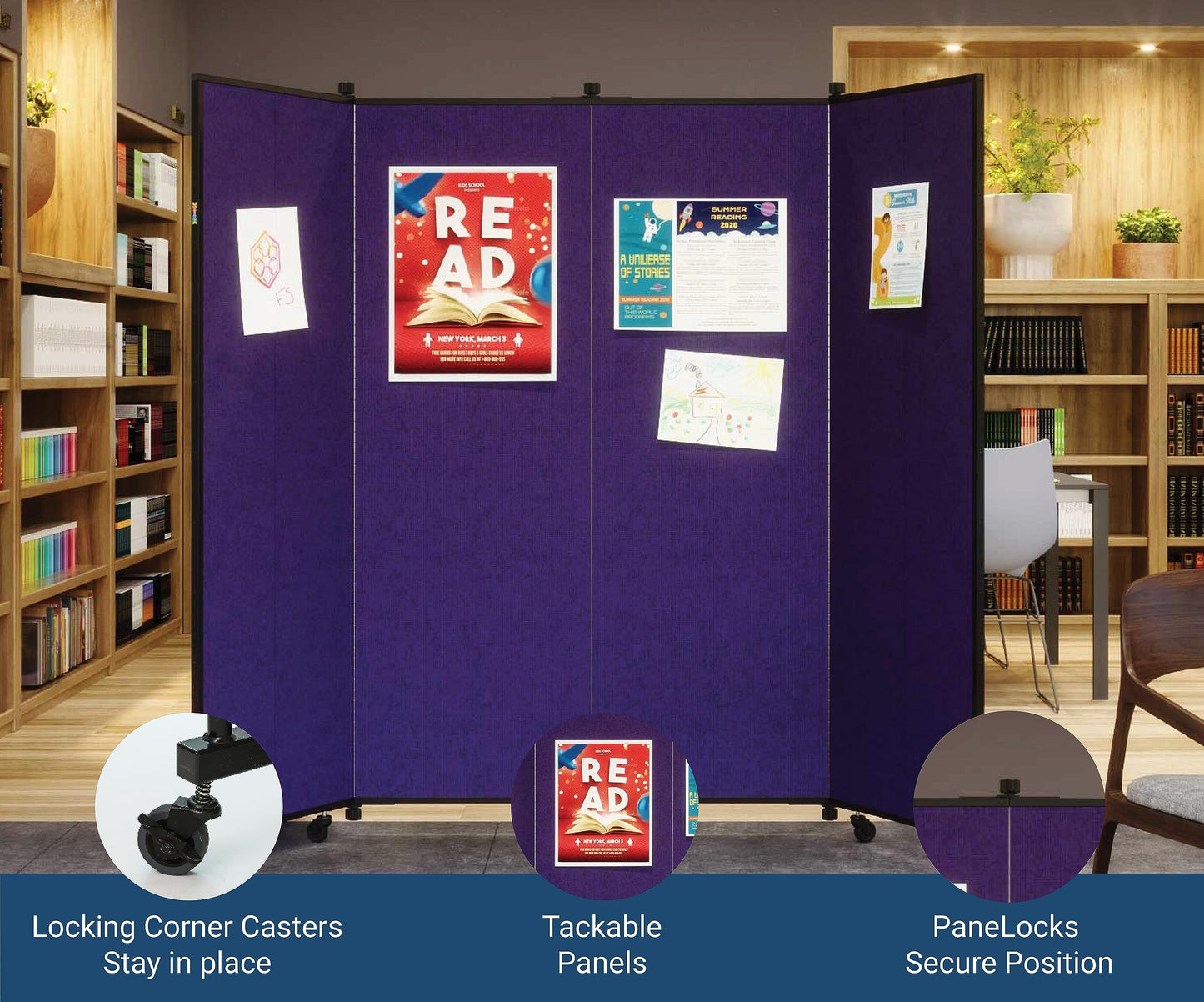 Screenflex Display Towers, Portable Wall Divider Boards for Art Show Partitions, Classroom Panels and Offices - 5'9”H x 3'1”W - 3 Panels - Select Black Fabric