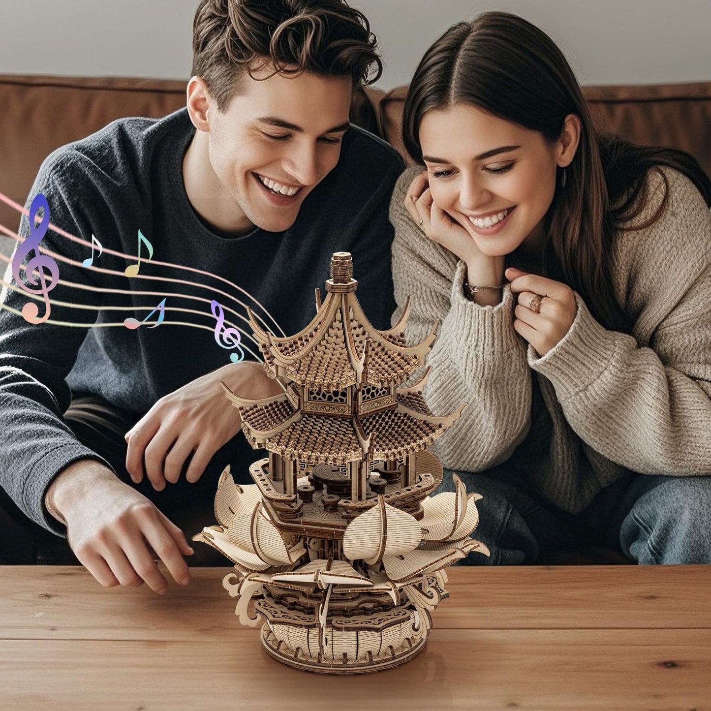 3D Puzzles for Adults, Wooden 3D Puzzle Model Lotus Pavilion Music Box Toys Building Kits, DIY Wood Crafts Cool Toy Hobbies for Men Women, Creative Assembly Gifts