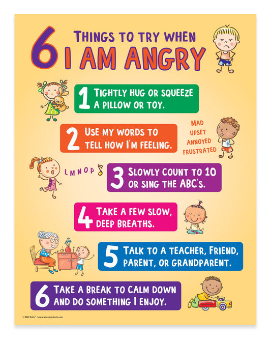 ZOCO – 6 Anger Control Strategies Posters (2-Pack) – Calm Down and Manage Emotions for Toddlers – Classroom Behavior Management for Preschool, Daycare, and Homeschool – Made in USA