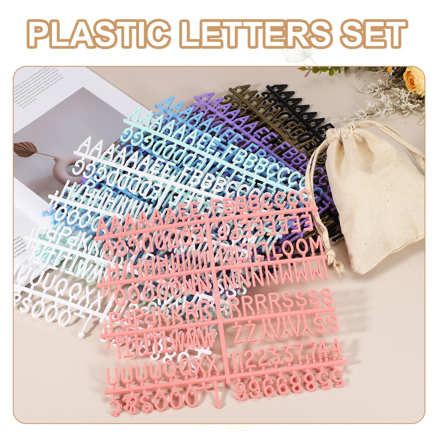 PATIKIL 588 Piece Plastic Letters Set for Felt Letter Board, Pink Alphabet Message Board Accessories Including Letter Numbers with Restraint Strap for Cafe, Wedding, Birthday