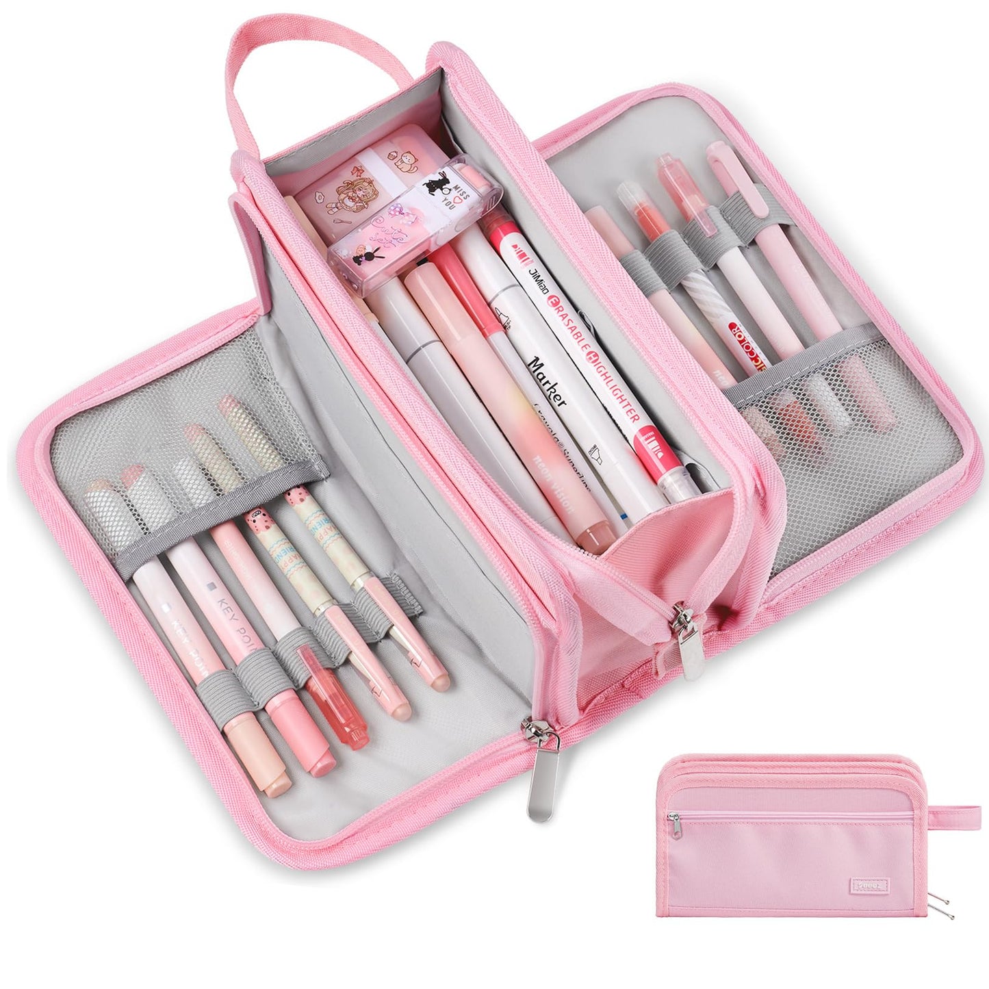 Sooez Large Pencil Case, Big Capacity Pencil Pouch Pen Bag with 3 Compartment, Portable Canvas Stationery Organizer with Zipper, Cute Aesthetic School Supplies for Teen Girls College, Pure Pink