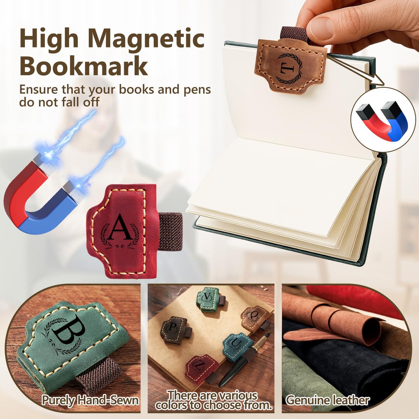 Custom Bygone Mark Bookmark with Pen Holder, 26 Letters Name Initial Personalized Magnetic Leather Bookmark, Gifts for Book Lovers, Readers, Travelers, Leather Book Marks (Blue, S)