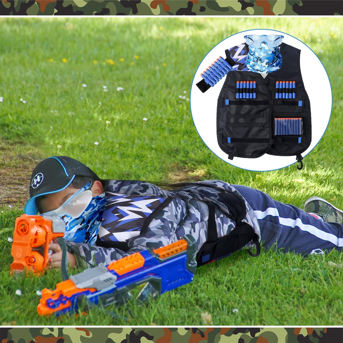 Sosation 12 Sets Tactical Vest Compatible with Nerf Party Favor Accessories, Face Mask Wrist Ammo Holder Toy Gift Supplies (Orange and Blue)
