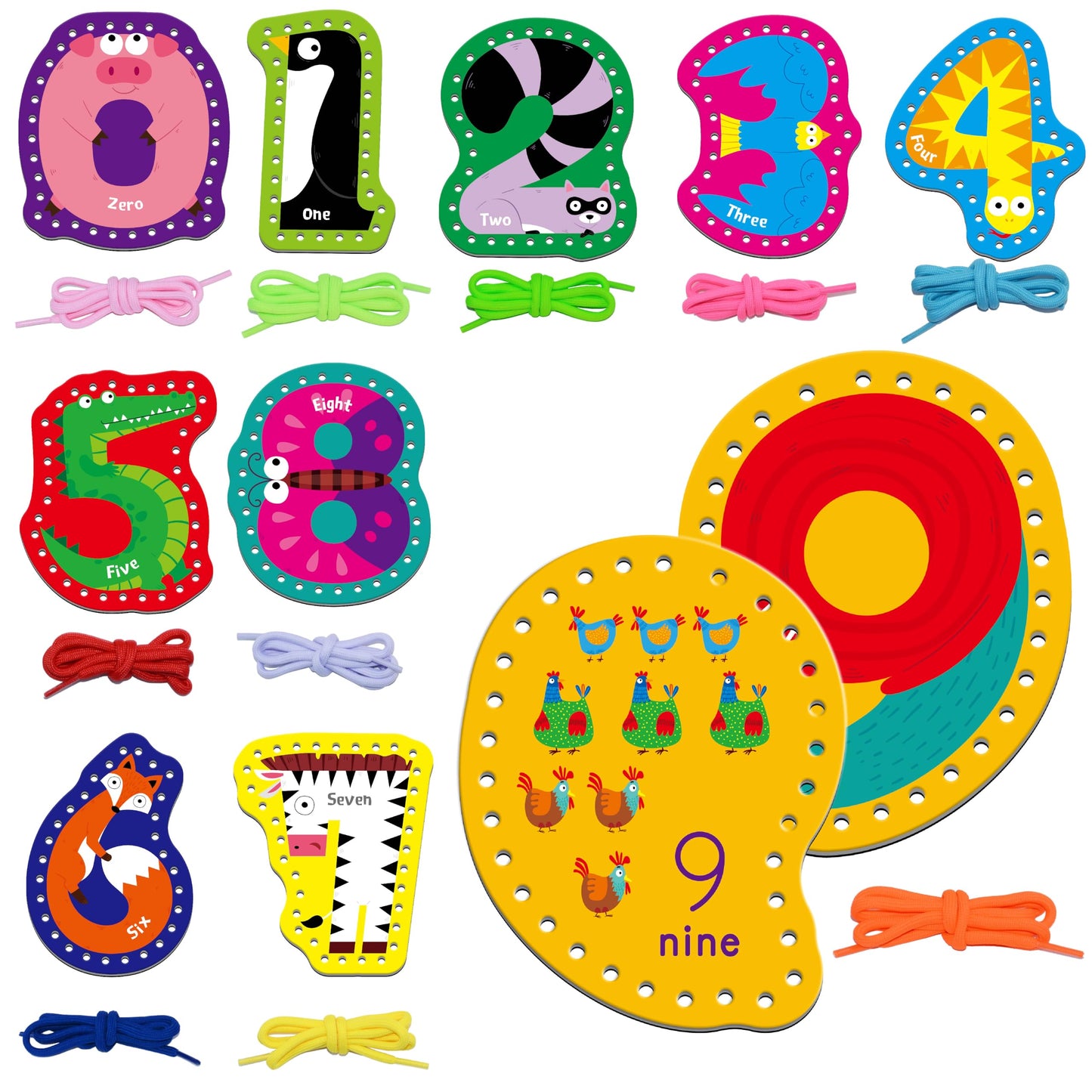 SpriteGru 10 Pieces Number Lacing Cards, 0-9 Double Sided Sewing Cards with 10 Colorful Laces, Imagination Development Lacing Toys Games for Children Educational and Learning Activity