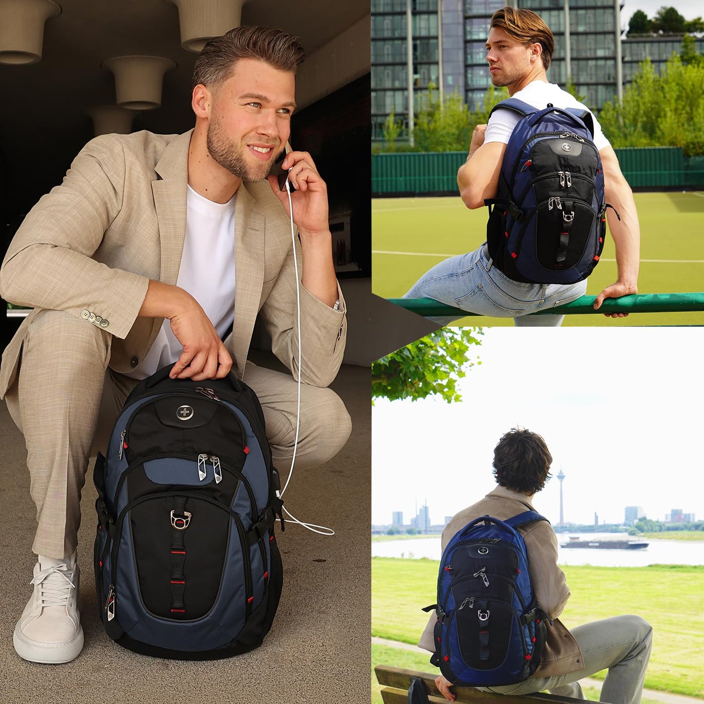 Swissdigital Design Laptop Backpack with USB Charging Port, Travel Backpack Fits 15.6 inches Computer, 31L College School Backpack for Men, Blue/Black | SD803-12