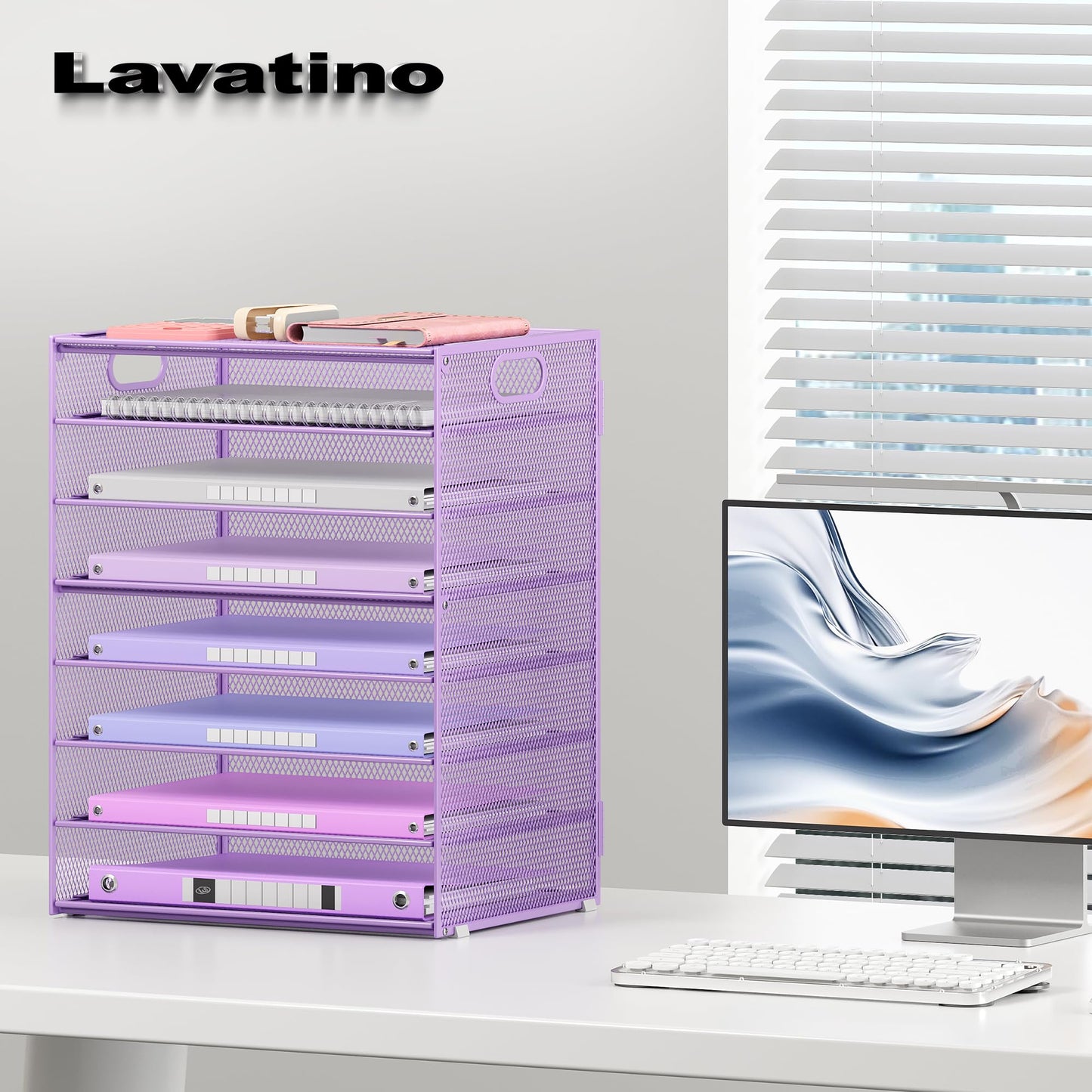 Lavatino 8-Tier Office Desk File Organizer, Letter Tray Paper Organizer with Handle, Including 5 Adjustable Slide Trays for Organizing Desktop Workspace Accessories and Supplies (Purple Metal Mesh)