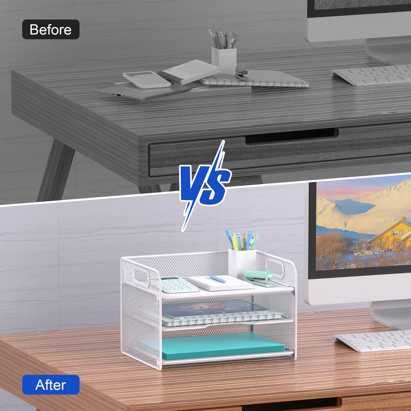 Samstar 3 Tier White Letter Tray Paper Organizer with Handle, Mesh Desk Organizer Paper Sorter File Rack Shelves, White