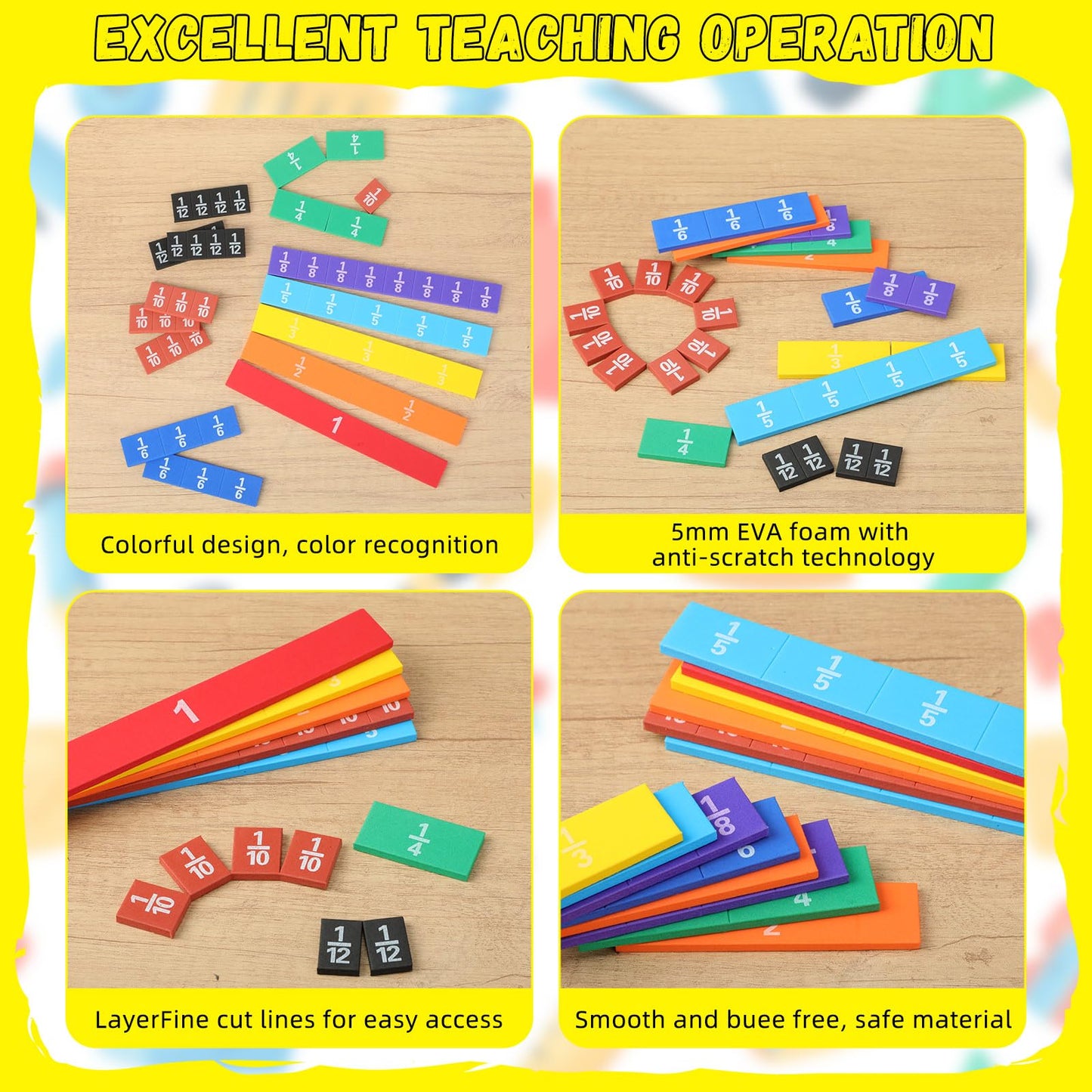 Sayglossy 12 Sets Fraction Tiles Sets for Math Fraction Manipulatives Montessori Math Materials EVA Foam Algebra Tiles Games for Classroom Teaching Aids, Homeschool Supplies