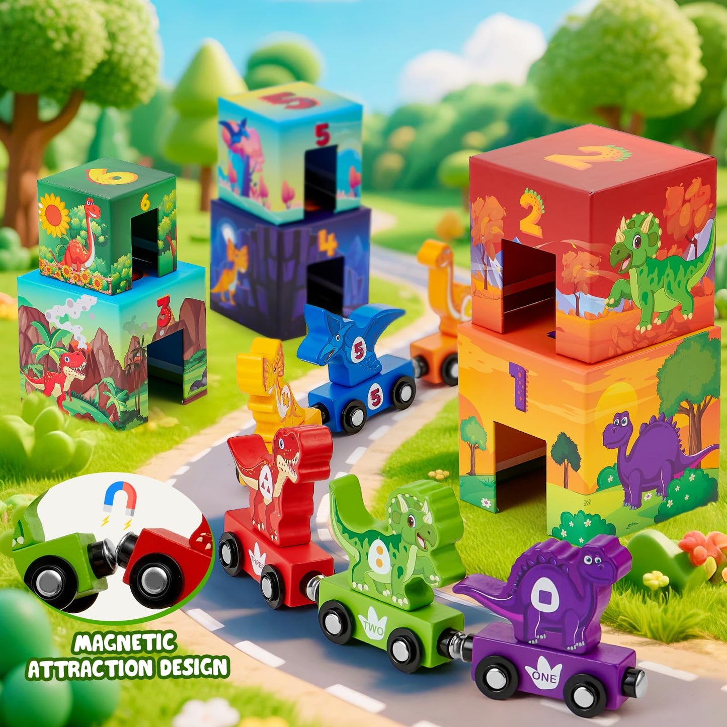 Atoylink Toddler Dinosaur Sorting and Stacking Toys with Magnetic Wooden Dinosaur Train Set, Baby Number Blocks Nesting Boxes Preschool Learning Montessori Toys for 1 2 3 Year Old Boys Girls Gift