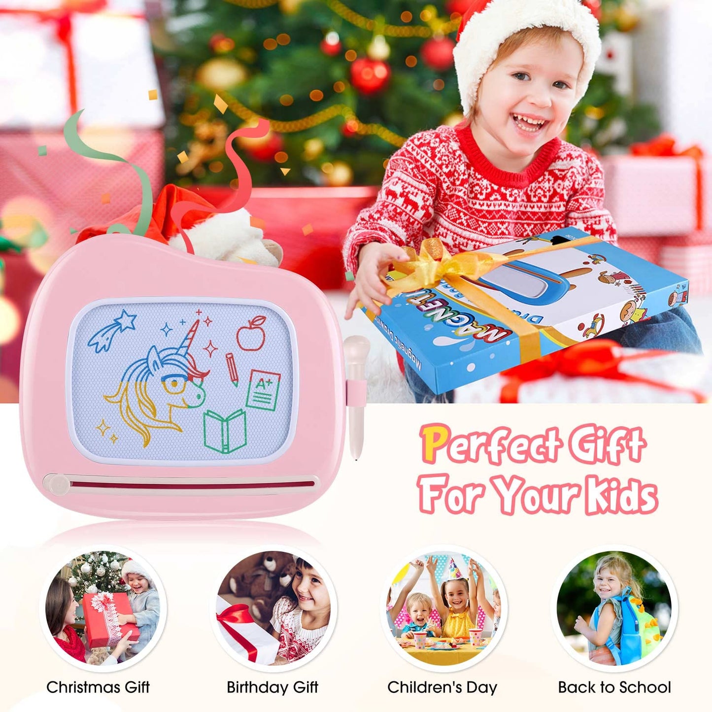 Smasiagon Magnetic Drawing Board for Kids, Toddler Toys for 1-2 Year Old Girl, Portable Doodle Board Pad Learning and Educational Toys for Ages 1 2 3 Year Old Baby Girl Birthday Gift（Pink）