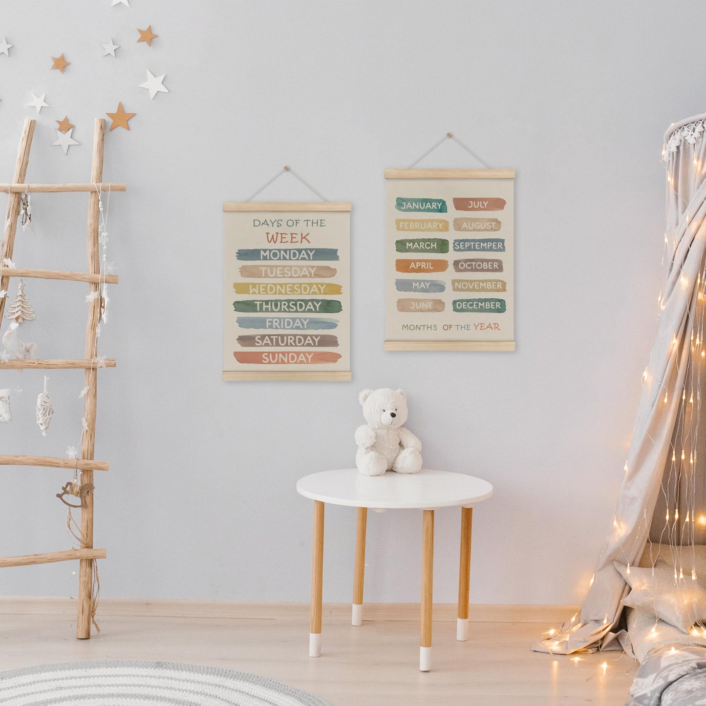 HRQKO Boho Week Month Decor Poster Hanger Frame Set of 2, Educational Posters,Preschool Wall Art with Wooden Frames, Boho Classroom Wall Hanging Banner Decor for Toddlers Room Playroom, 12x16 Inch