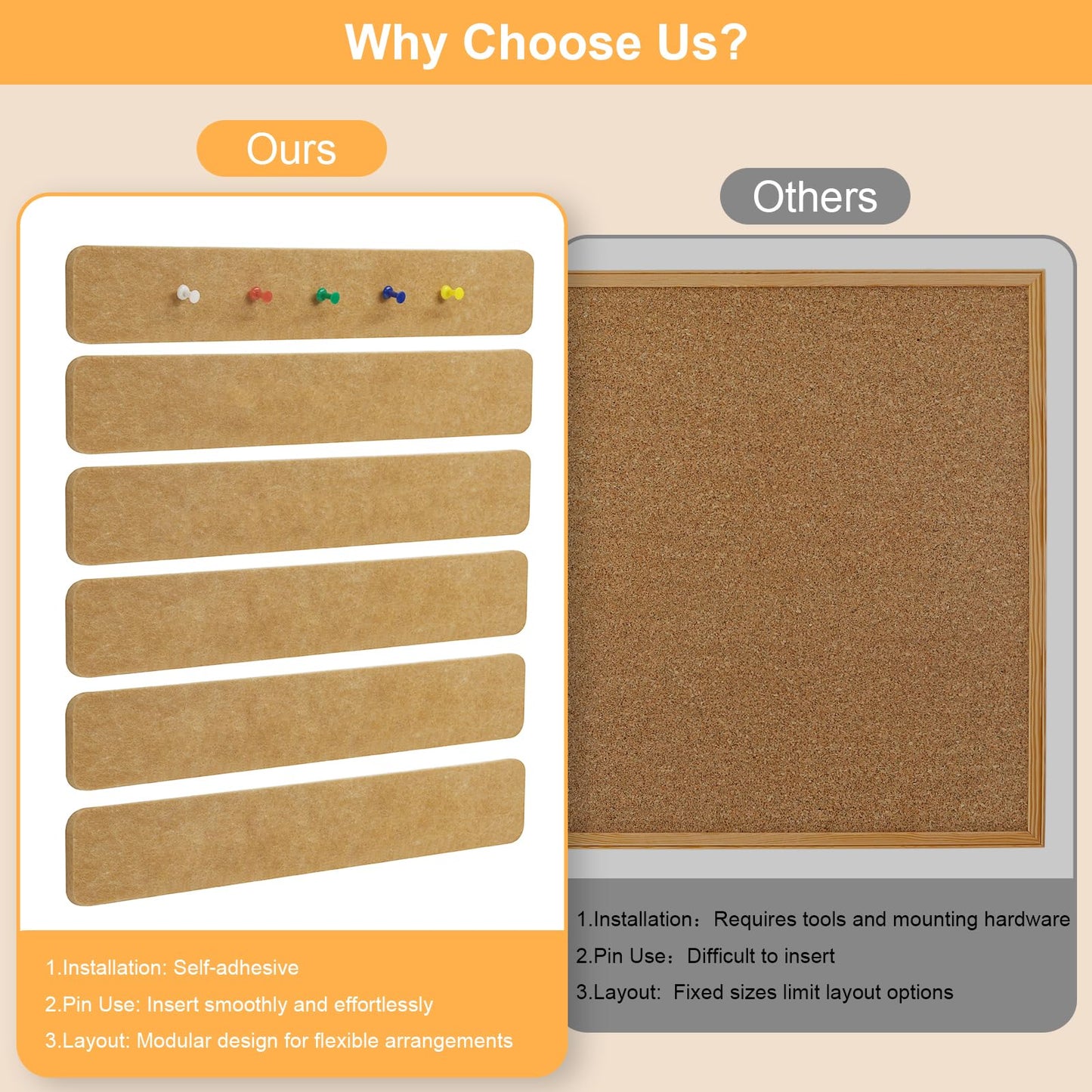 Fushing Cork Boards Felt Bulletin Boards, 13"x2" Pin Boards with Push Pins, Self-Adhesive, No-Drill Wall Mount Pin Boards for Classroom, Office, Home, Dorm, Bedroom Door (6)