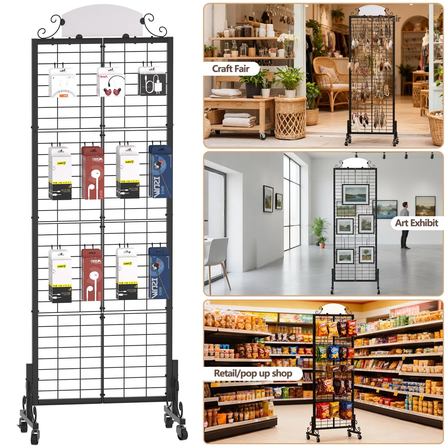 Urban Deco 3 Packs Grid Wall Panel Display Stand, 2.2' x 6.2' FT Gridwall Panel with Extra 24 Hooks, Craft Show Display Rack Black Metal Grids Standing Wire Rack for Retail Merchandise