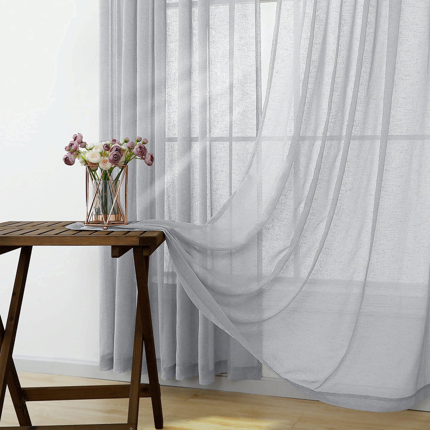koufall Gray Linen Look Curtains 96 ines Long Set of 2 Rod Pocket Elegant Woven Textured Voile Sheer Drapes for Bedroom Living Room Patio Sliding Door Home Office Backdrop 52x96 in Length Silver Grey