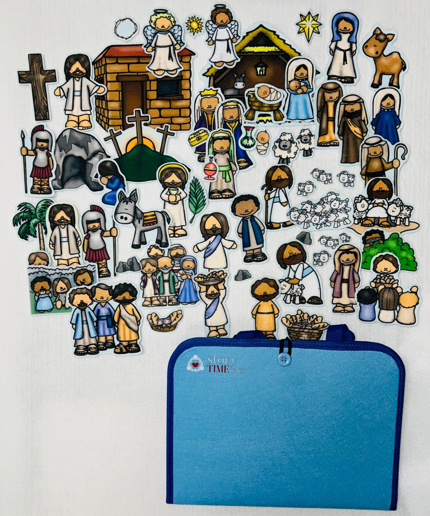 Story of Jesus Felt Figures & Flannel Board 5 Stories Birth Crucifixion Miracles Parables Good Shepherd 63 Pieces Nativity Easter