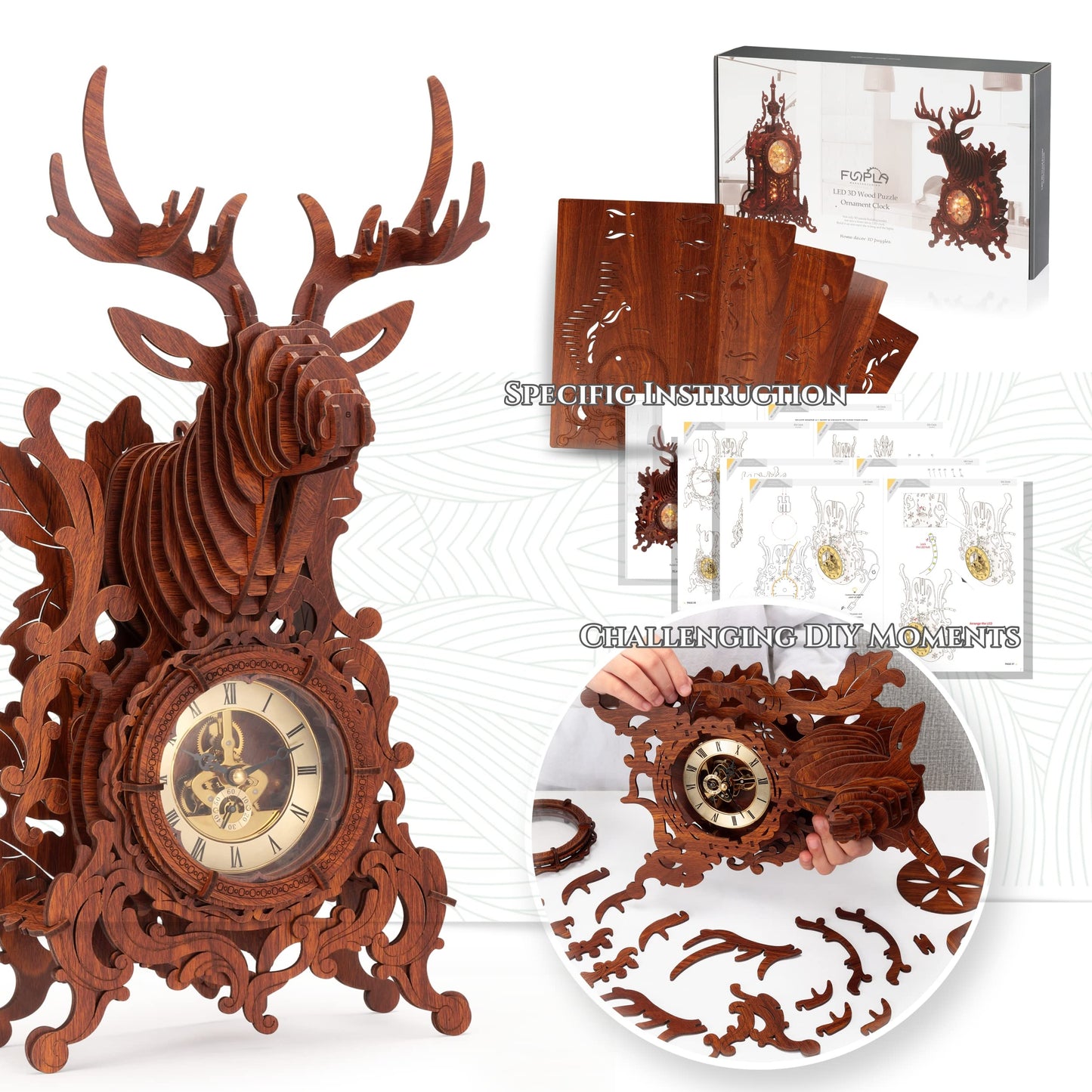 FUNPOLA LED 3D Wood Puzzle Deer Clock, 3D Wooden Puzzle Elk Clock Building Model, Home Décor 3D Wooden Puzzle for Adults/Teens Christmas Gift(Wood, Yellow Light)
