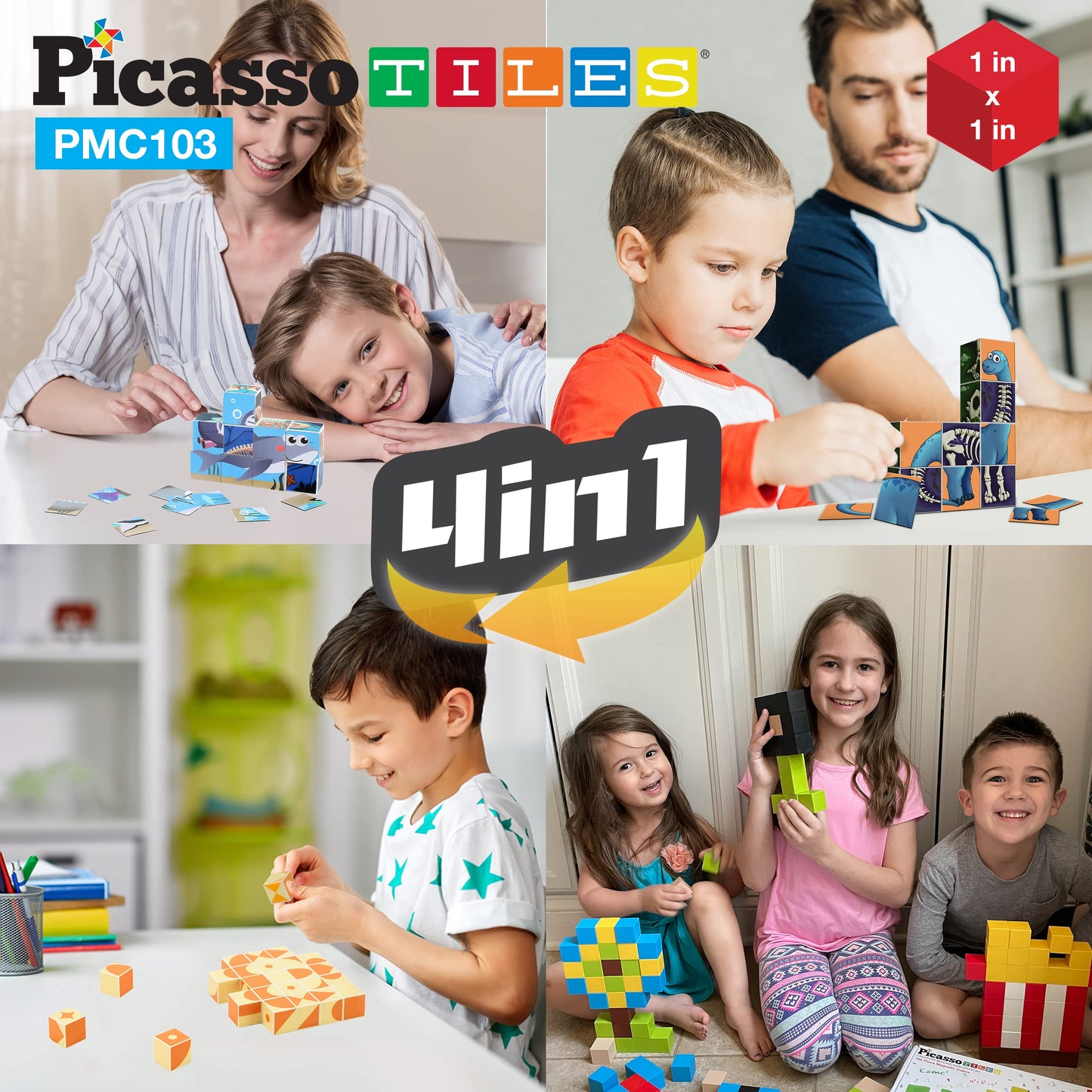 PicassoTiles 103 Pieces 1" Magnetic Toy Building Block Cubes Building Block, 3D Cube Construction Cubes Magnet Sensory Toys Gifts Educational with Free Idea Book for Kid, Boy, Girl & Toddler PMC103