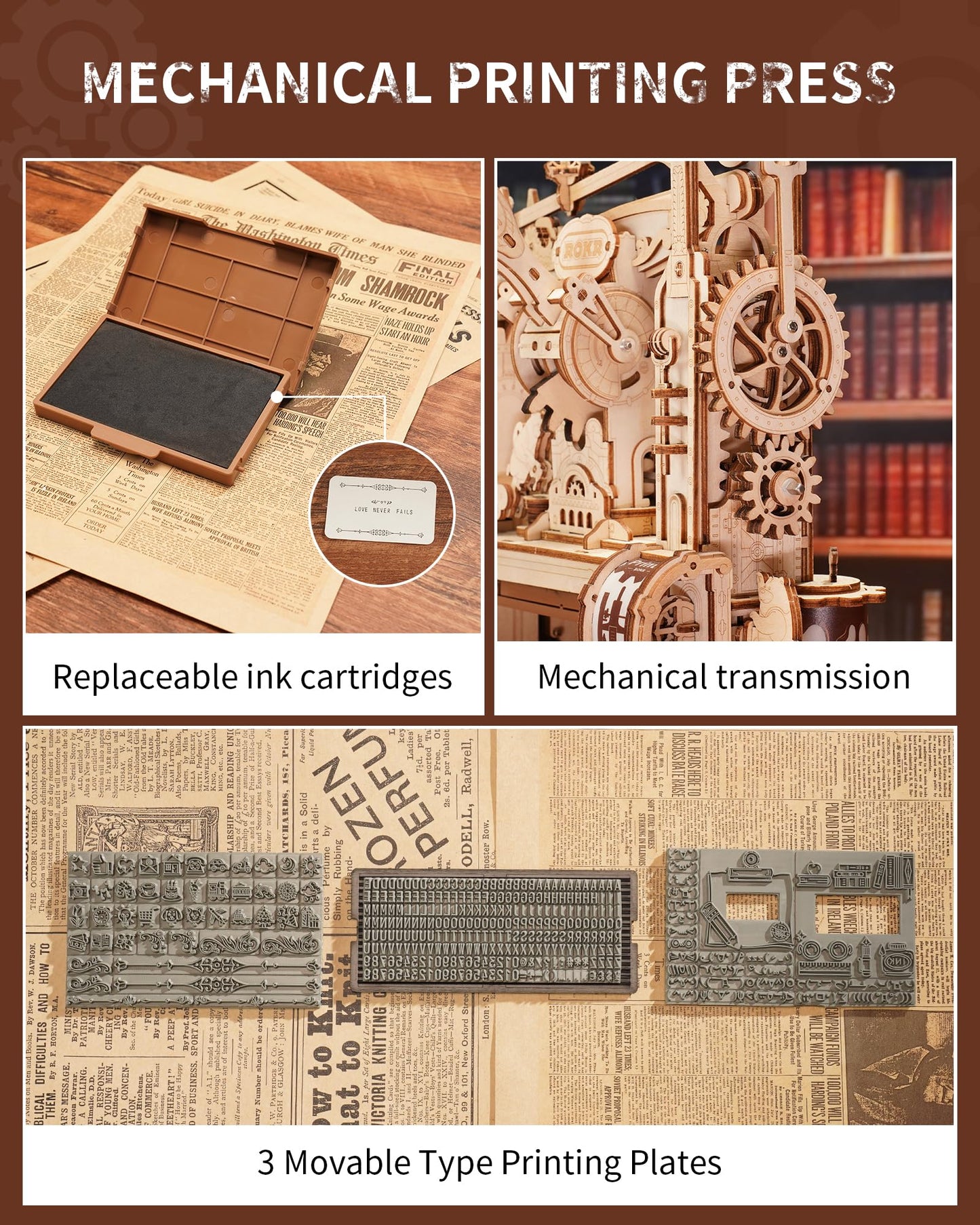 ROKR 3D Puzzle for Adults, Wooden Puzzles Classic Printing Press Model Building Kits, DIY Wood Crafts Cool Toys for Birthday, STEM Hobbies for Women Men (LK602)