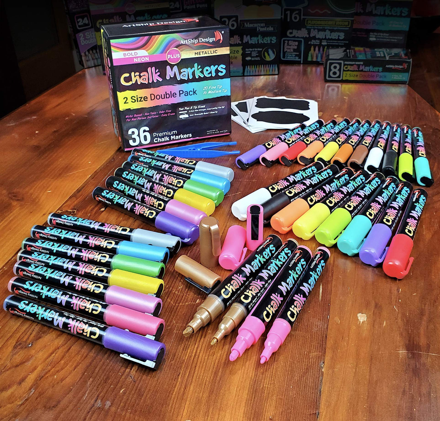 ArtShip Design 36 Chalk Markers Double Pack of Both Fine & Reversible Medium Tip Liquid Chalk Pens with Labels & Tip Tweezers Wet Erase Menu Boards, Windows, Mirrors, Non-Porous Chalkboards, Metal