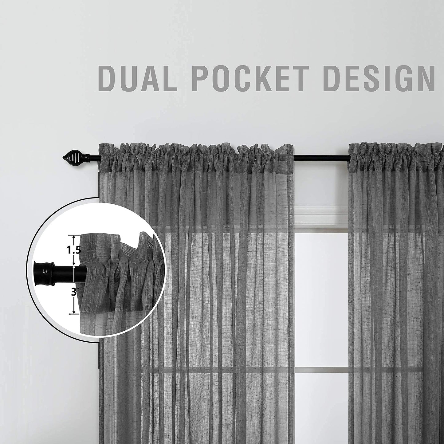 KOUFALL Dark Grey Curtains for Bedroom Living Room,Sheer Linen Look Gray Charcoal Curtains,96 Inches Long 2 Panel Set