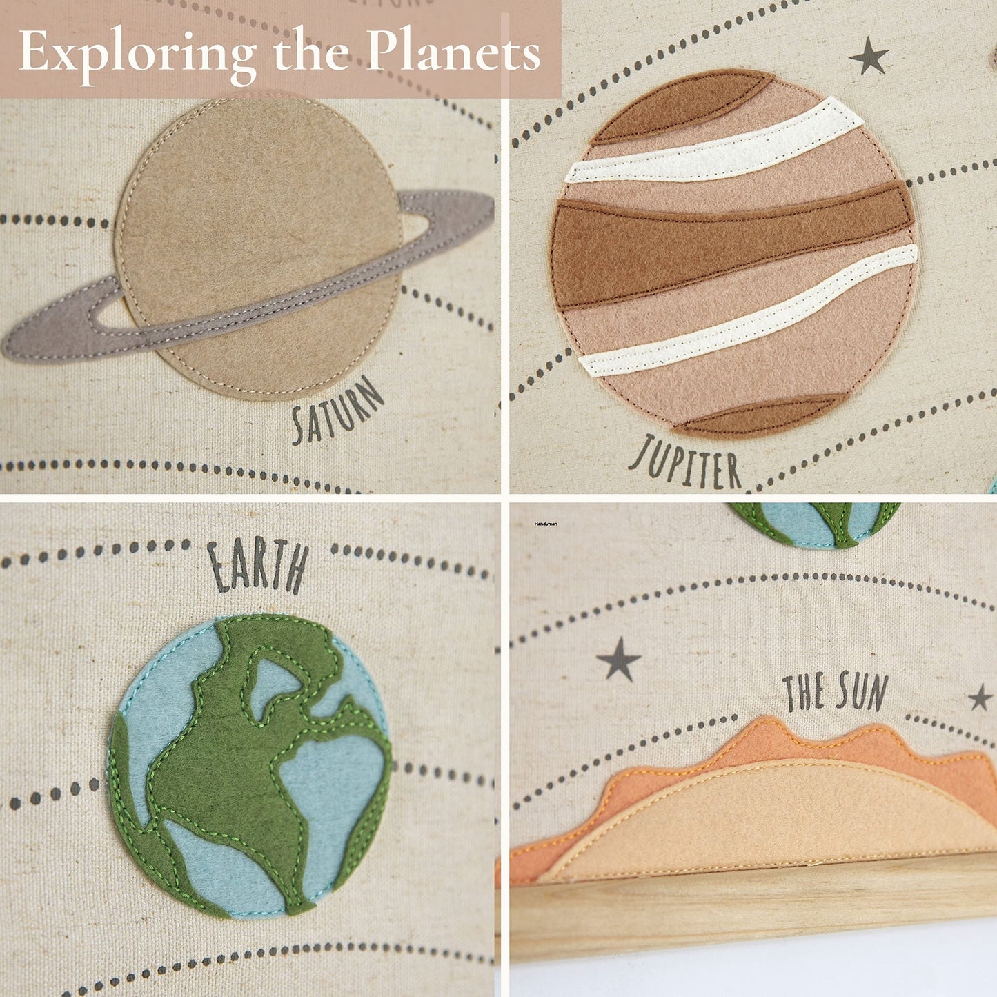 Bon et Beau 16 x 24 Inch Embroidered Solar System Wall Decor Framed with Wood Hanger - Outer Space Planets Poster for Boys and Girls Nursery, Bedroom, Playroom, Toddler and Kids Room