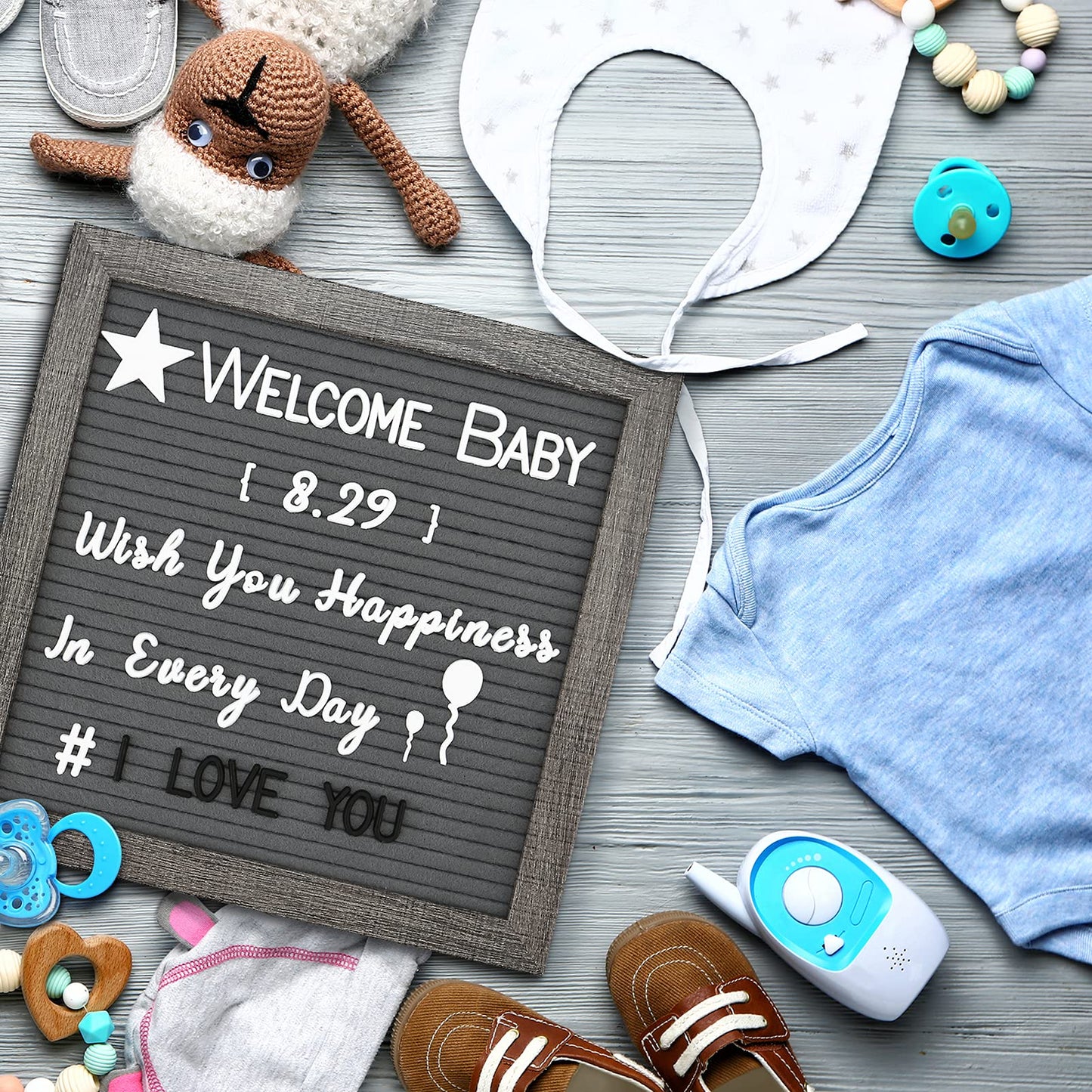Grey Felt Letter Board - 10x10 Inch, Pre Cut 725 Letters, First Day of School, Classroom Decor, Baby Announcements