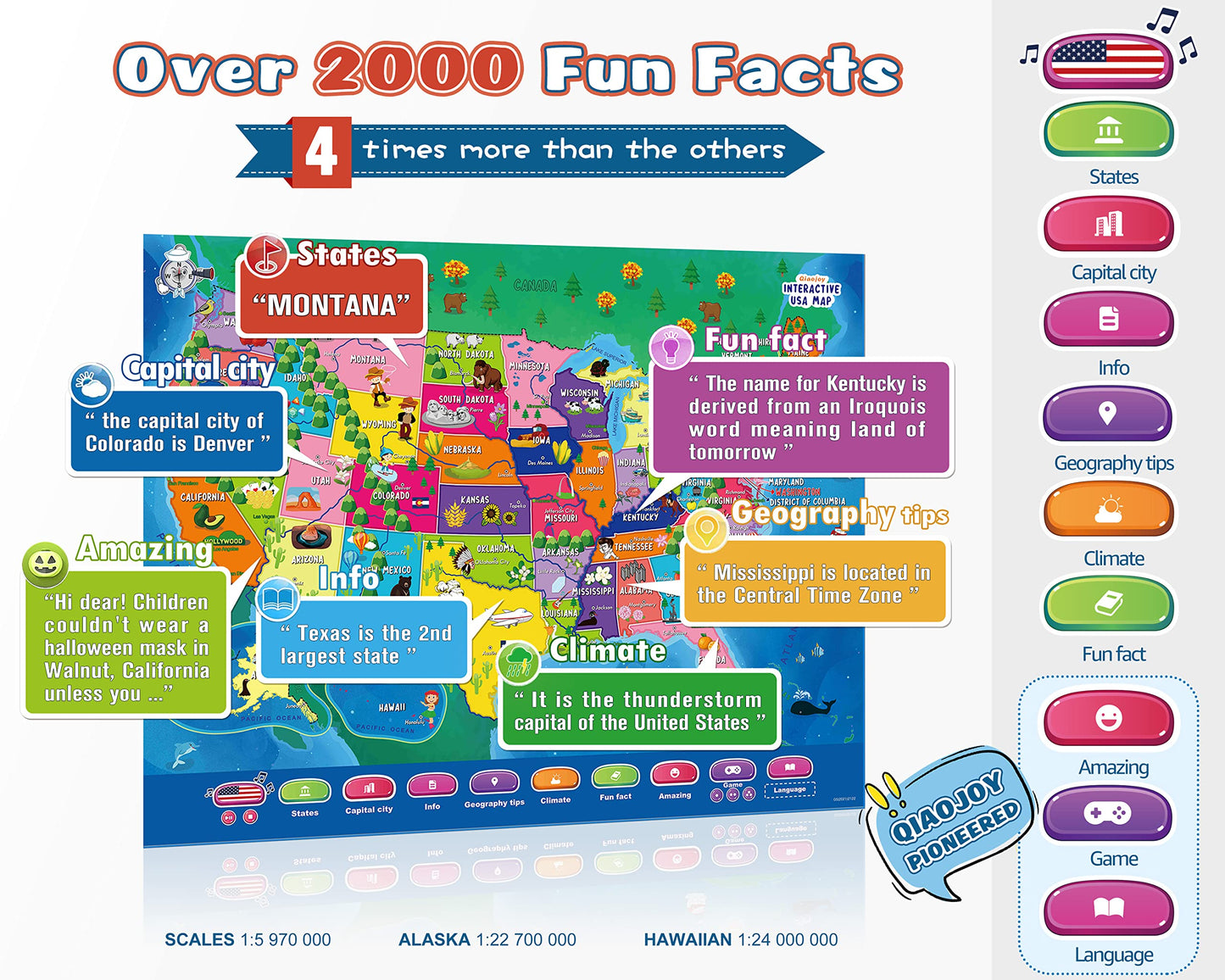 Qiaojoy Bilingual Interactive for Kids Talking USA Map for Kids Learning, Geography Toys Games Educational Electronic Map Christmas Personalized Gift/Toys for 4 5 6 7 8 9 10 Year Old Girls/Boys