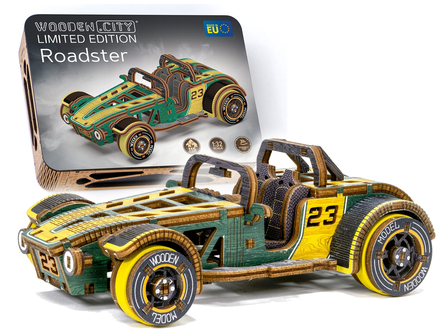 WOODEN.CITY Roadster LE 3D Wooden Puzzles for Adults – Build Your Own Roadster car with Rubber‑Band Motor – Self‑Assembly Model, DIY Gift for Adults and Teens