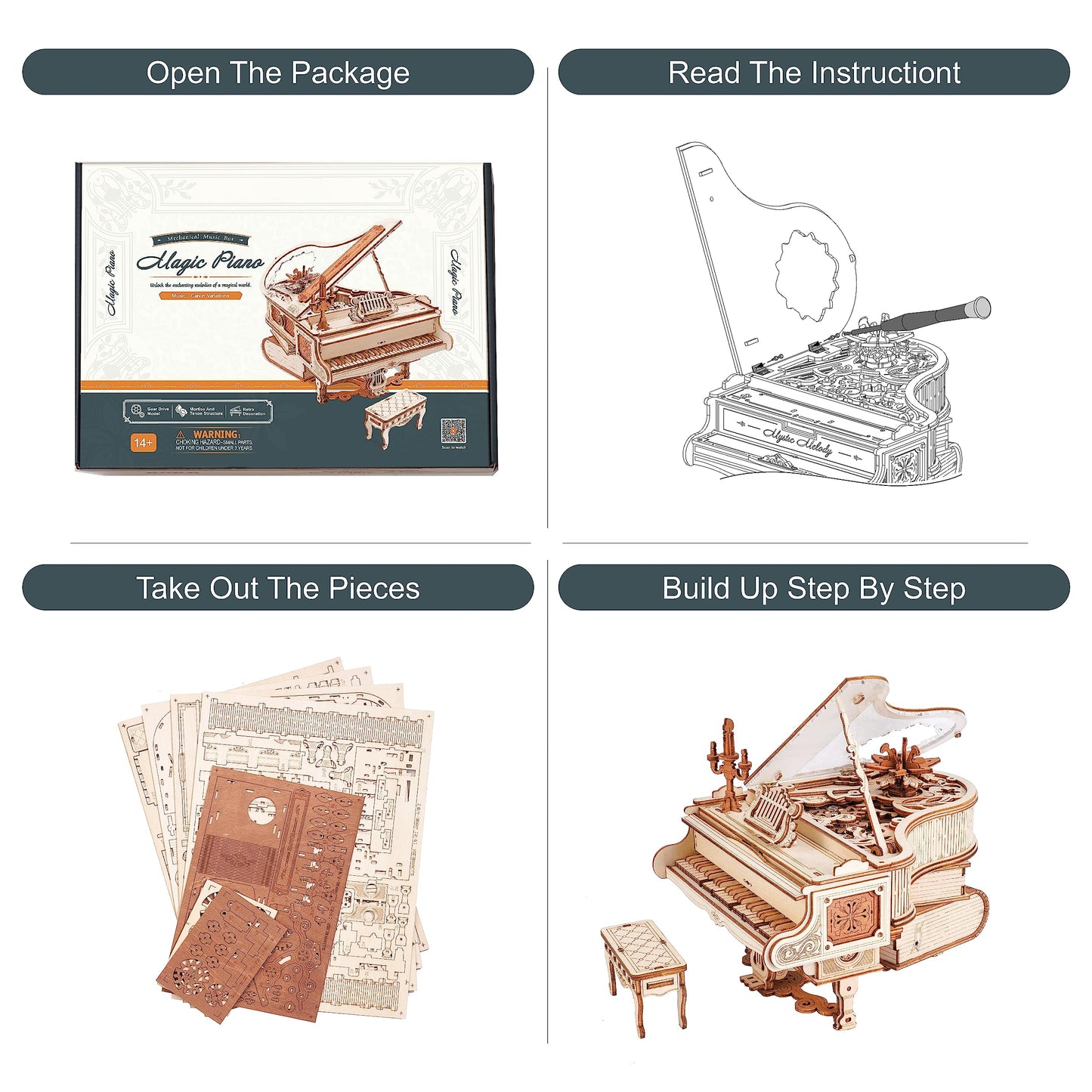 ROBOTIME AMK81 Magic Piano 3D Puzzles for Adults-Mechanical 3D Puzzles Musical Instrument-Wooden Music Box Puzzle Kit to Build-Aesthetic Desk Decor Unique Gift for Men/Women