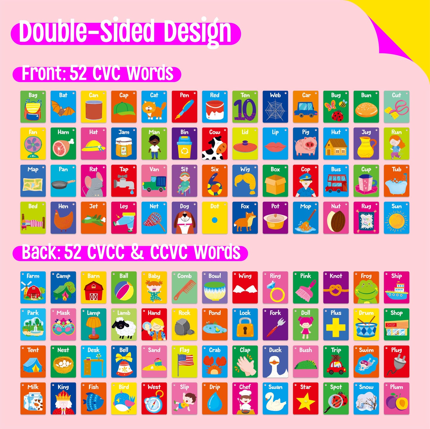 52 PCS Word Flashcards, 52 CVC Words & 52 CVCC, CCVC Words Double-Sided Cards with 2 Rings, Vocabulary Phonics Learning, Educational Tool for Preschool, Kindergarten, Toddlers